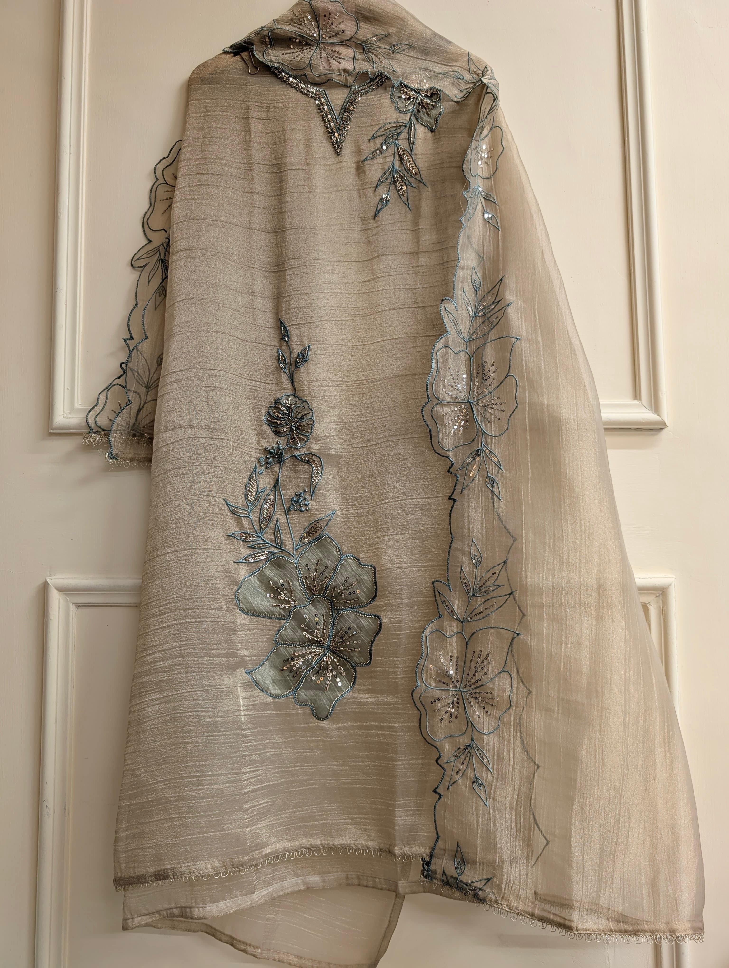 Taupe Crush Tissue Silk Embroidered Unstitched 3-Piece Suit (Devri – D.No 13772)