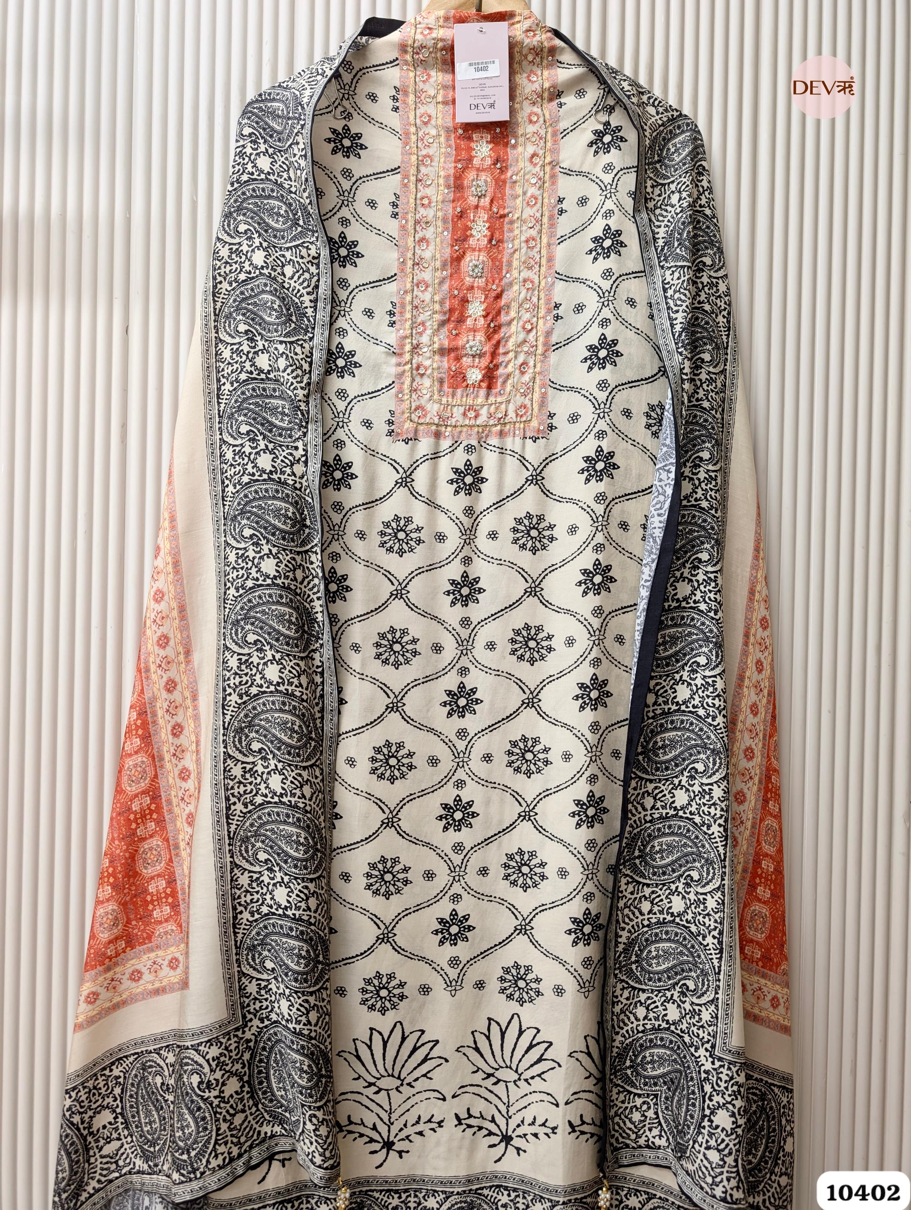 Beige Muslin Printed Unstitched 3-Piece Suit (Devri – D.No. 12402)