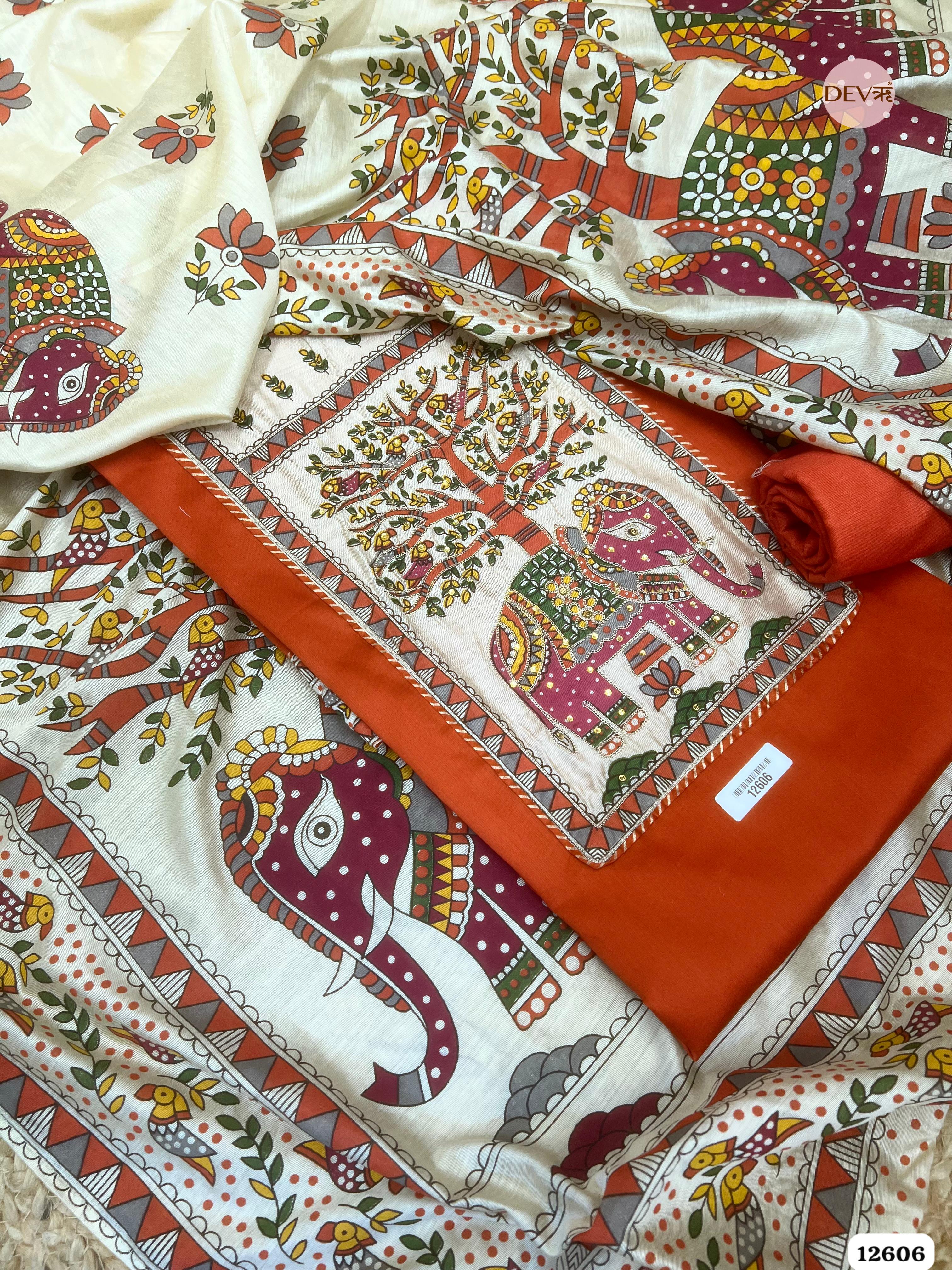 Rust Orange Cotton Embroidered Unstitched 3-Piece Suit (Devri – D.No 12606)