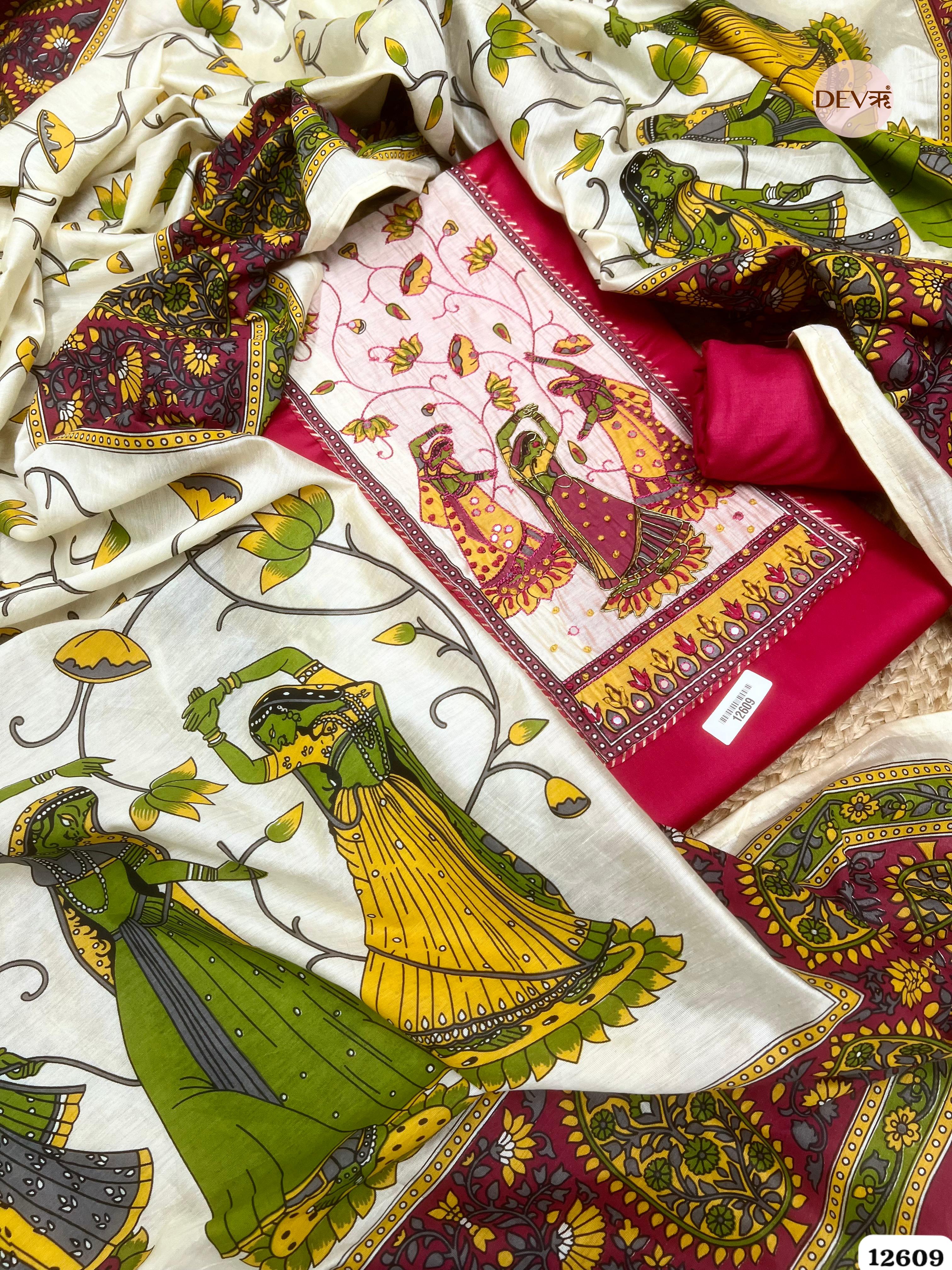Rani Pink Glace Cotton Hand Painted Unstitched 3-Piece Suit (Devri – D.No 12609)