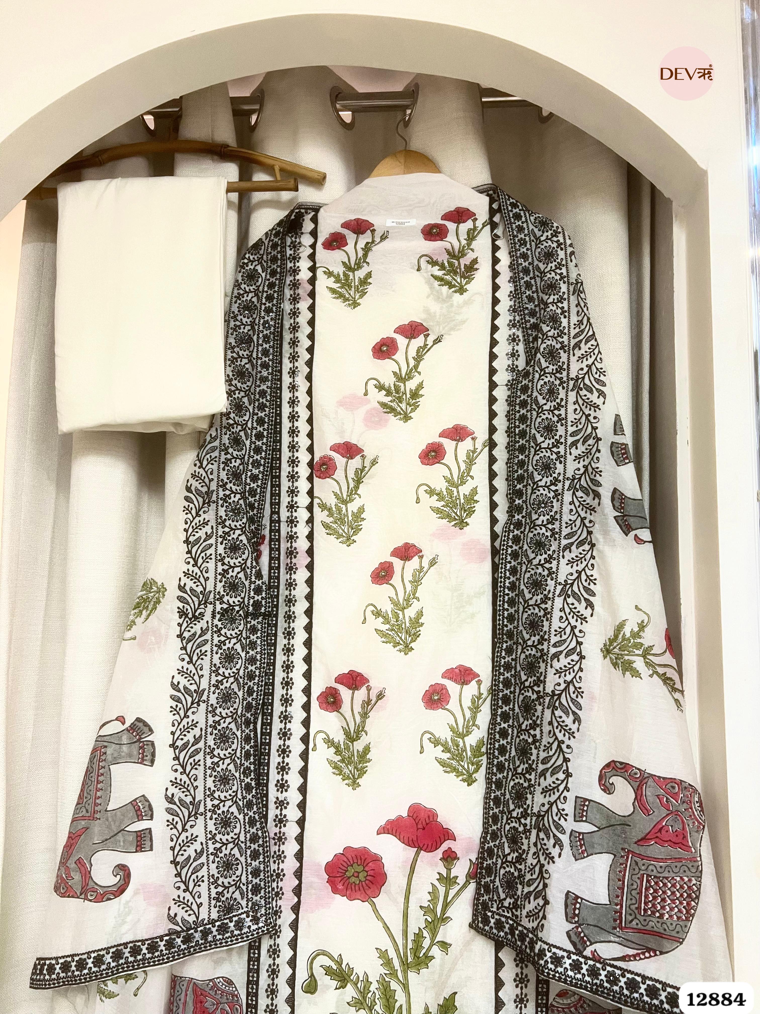 White Mul Chanderi Printed Unstitched 3-Piece Suit (Devri – D.No 12884)
