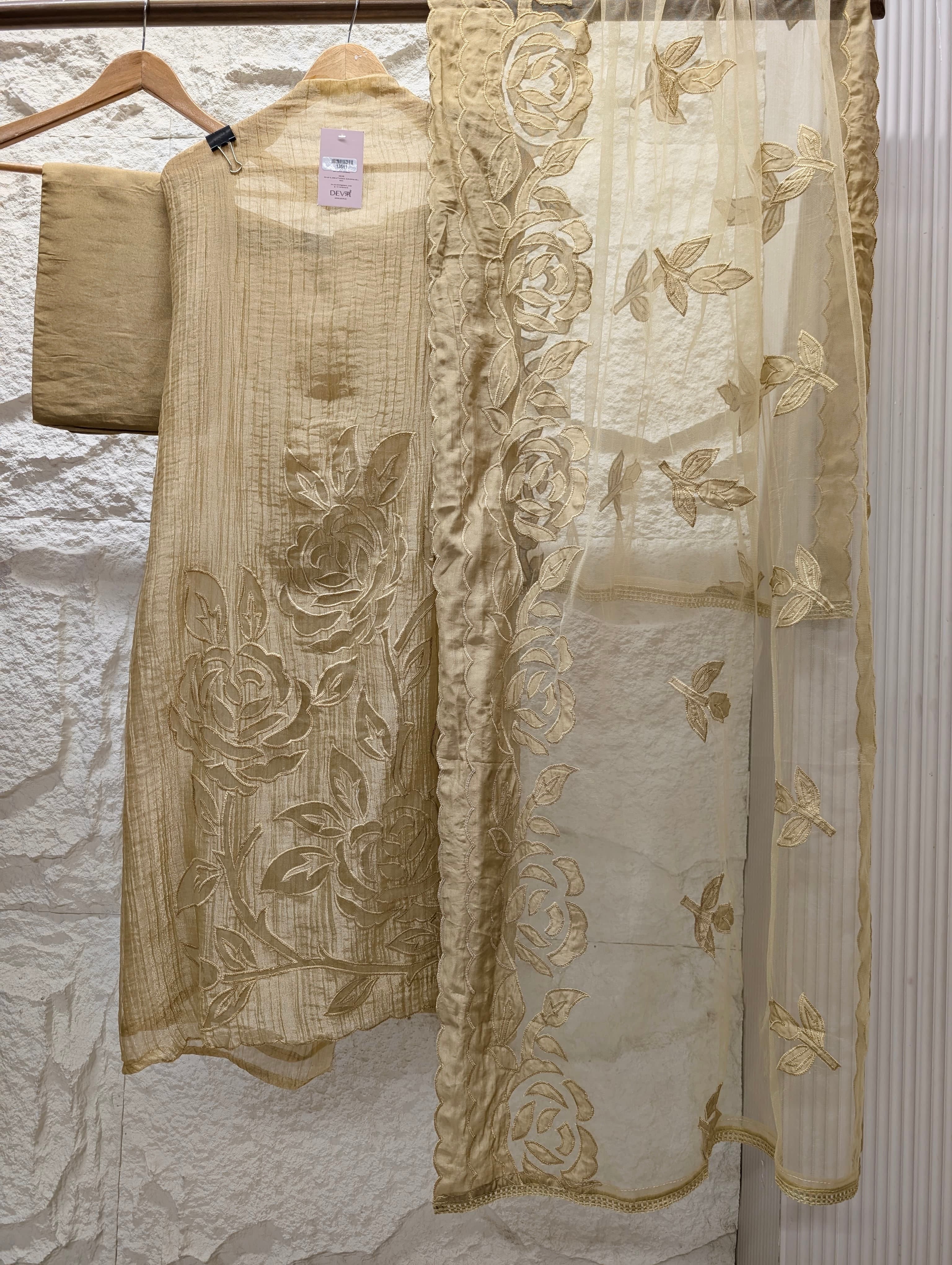 Beige Tissue Crush Silk Embroidered Unstitched 3-Piece Suit (Devri – D.No 13591)