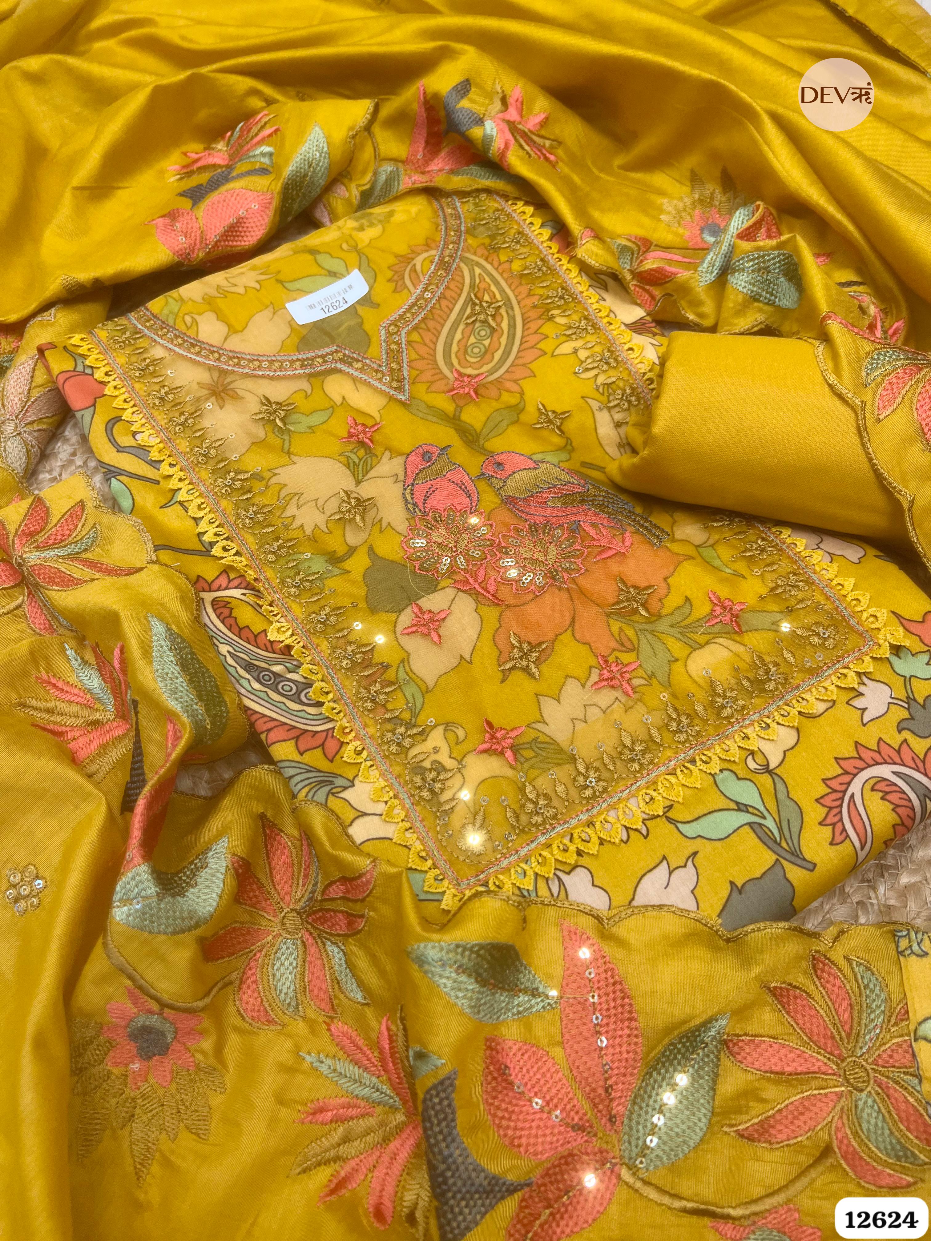 Mustard Jam Cotton Embroidered Unstitched 3-Piece Suit (Devri – D.No 12624)