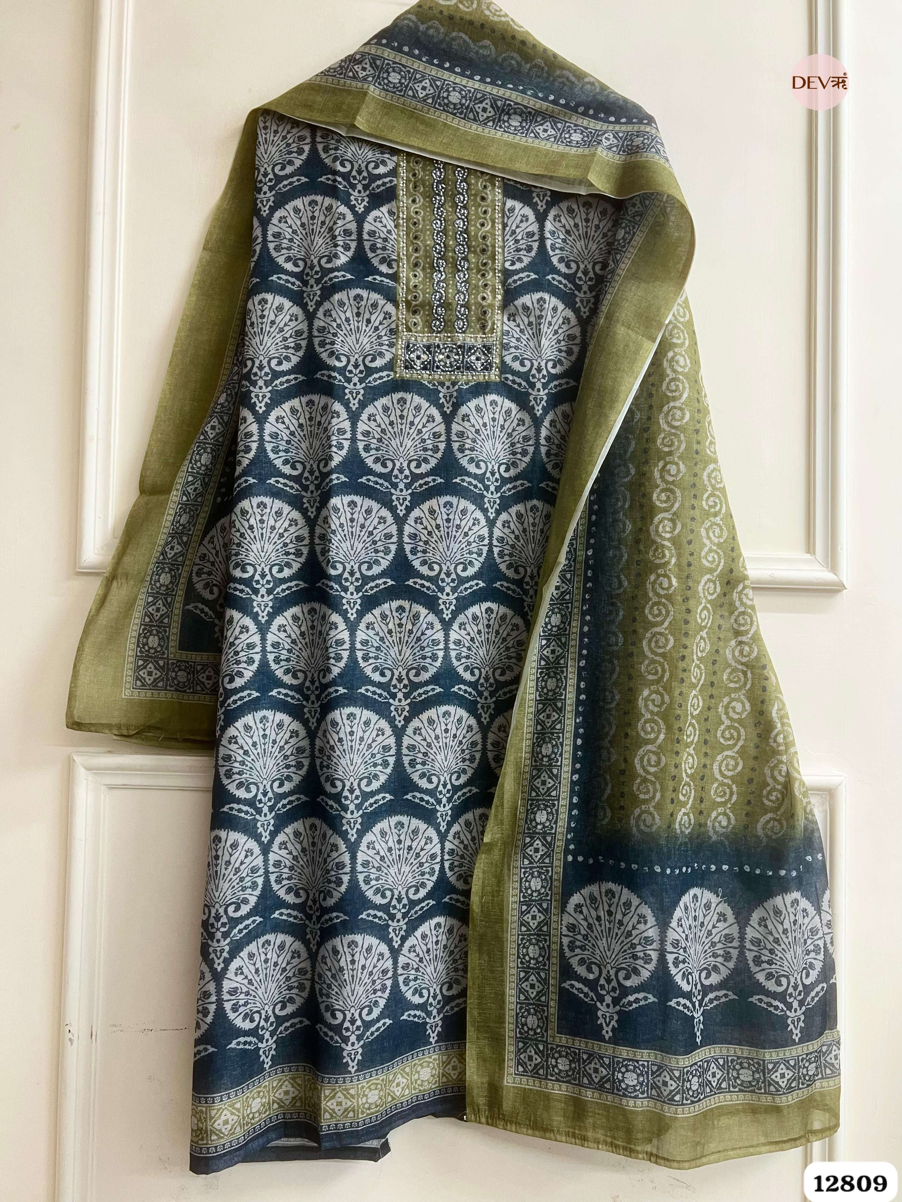Olive Linen Cotton Printed Unstitched 3-Piece Suit (Devri – D.No 12809)