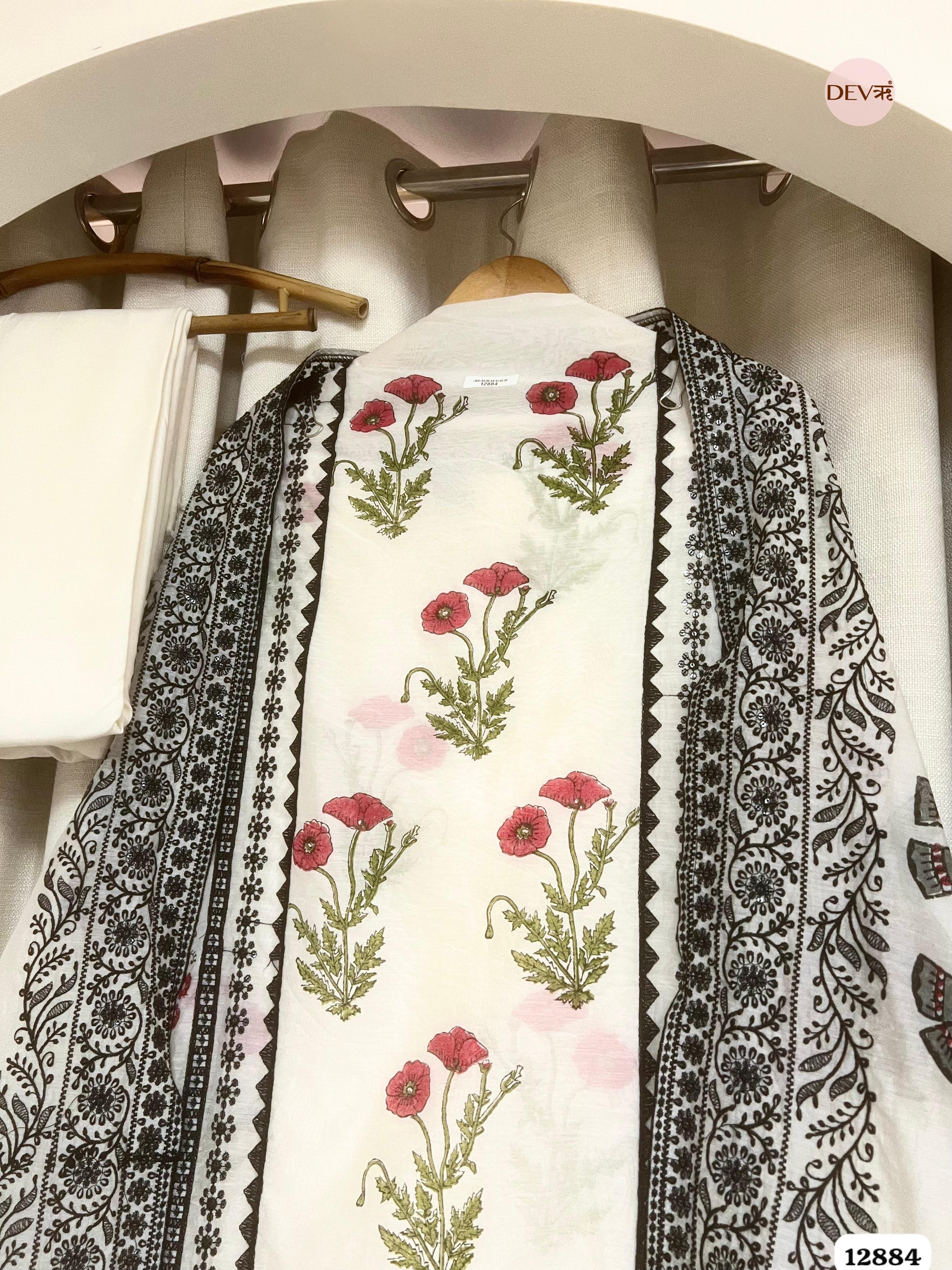 White Mul Chanderi Printed Unstitched 3-Piece Suit (Devri – D.No 12884)