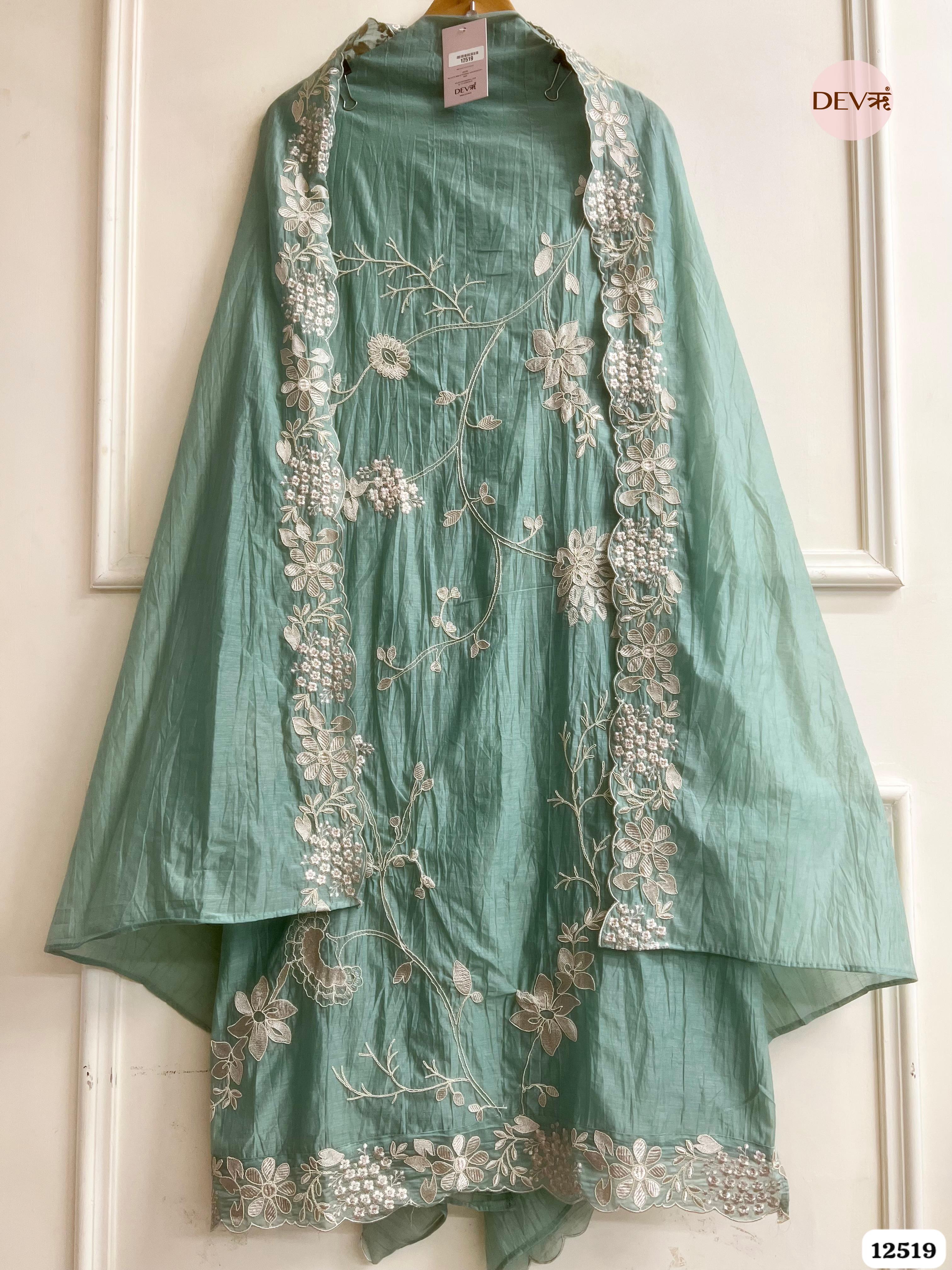 Sea Green Mul Cotton Embroidered Unstitched 3-Piece Suit (Devri – D.No 12519)