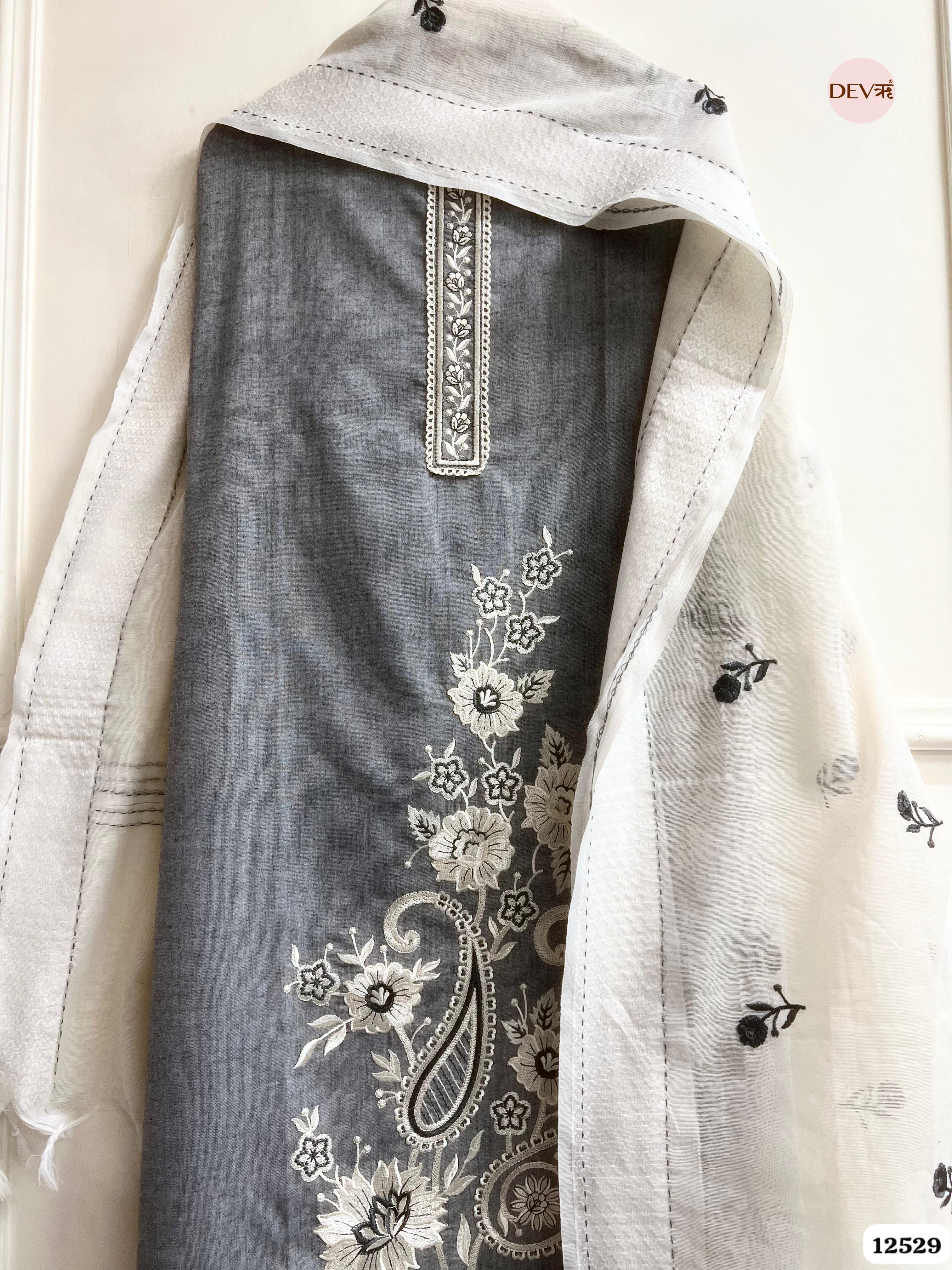 Slate Grey Handloom Cotton Embroidered Unstitched 3-Piece Suit (Devri – D.No. 12529)
