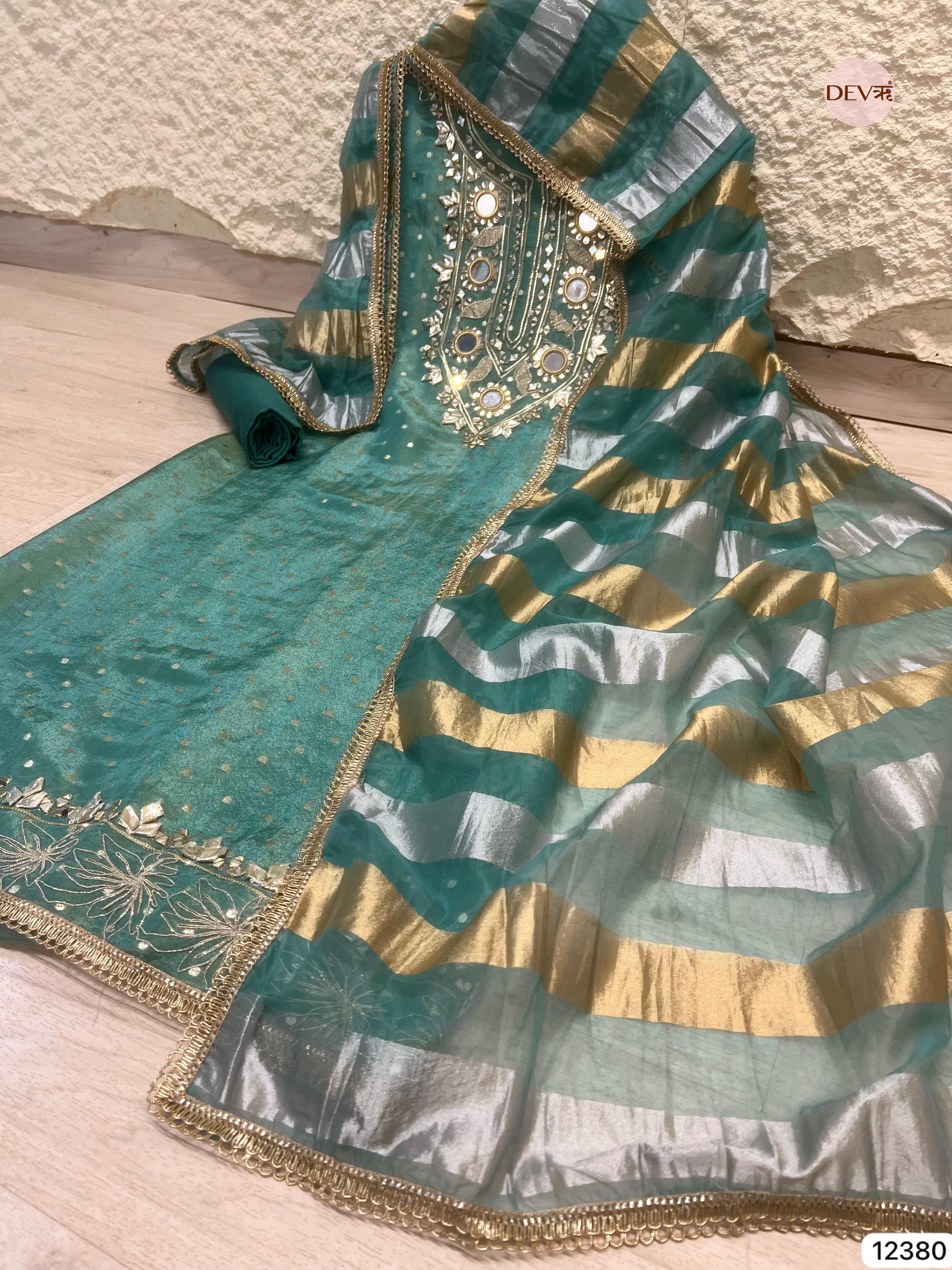 Sea Green Tissue Silk Embroidered Unstitched 3-Piece Suit (Devri – D.No 12380)
