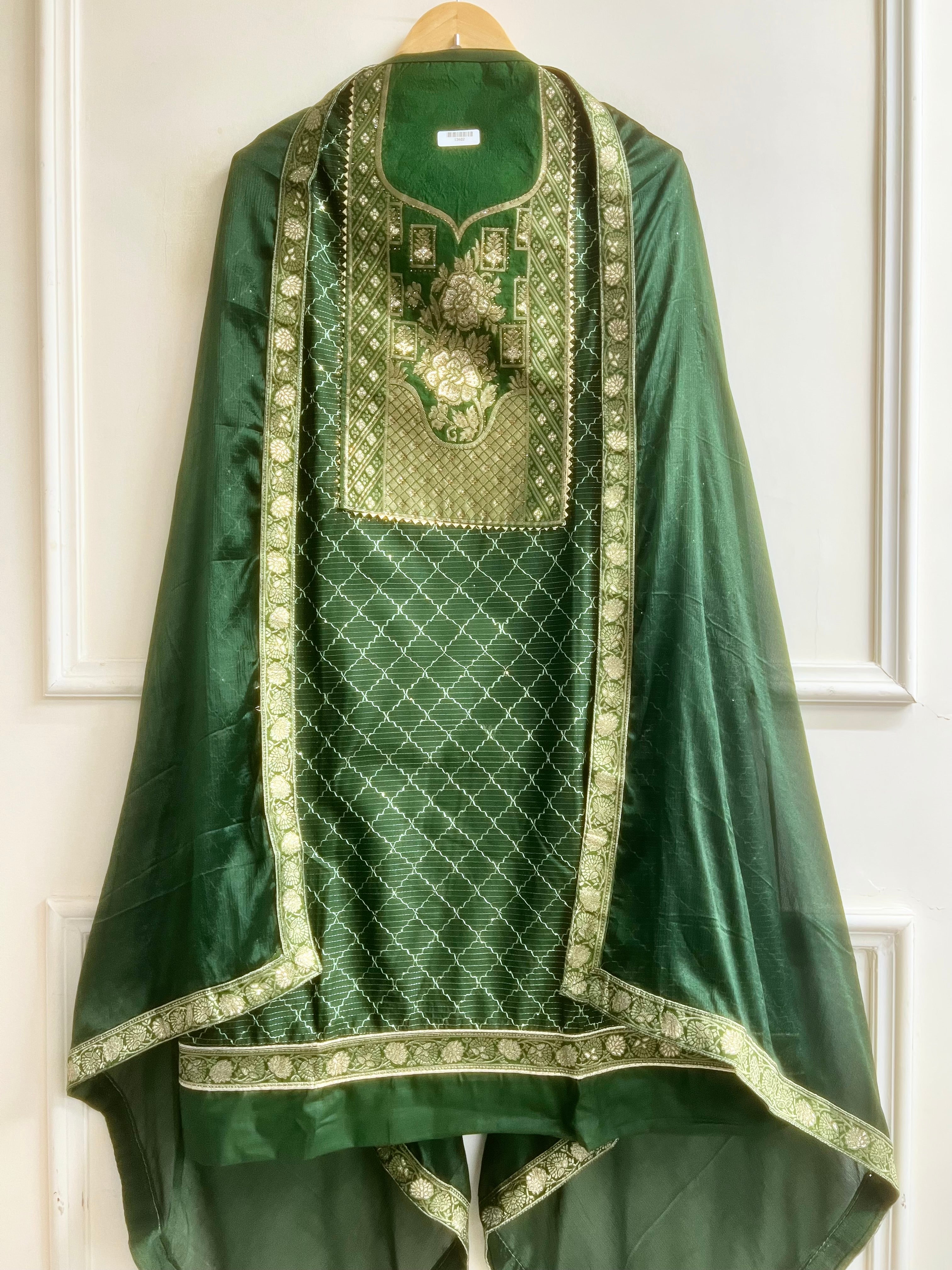 Green Silk Blend Embroidered Unstitched 3-Piece Suit (Devri – D.No 13402)
