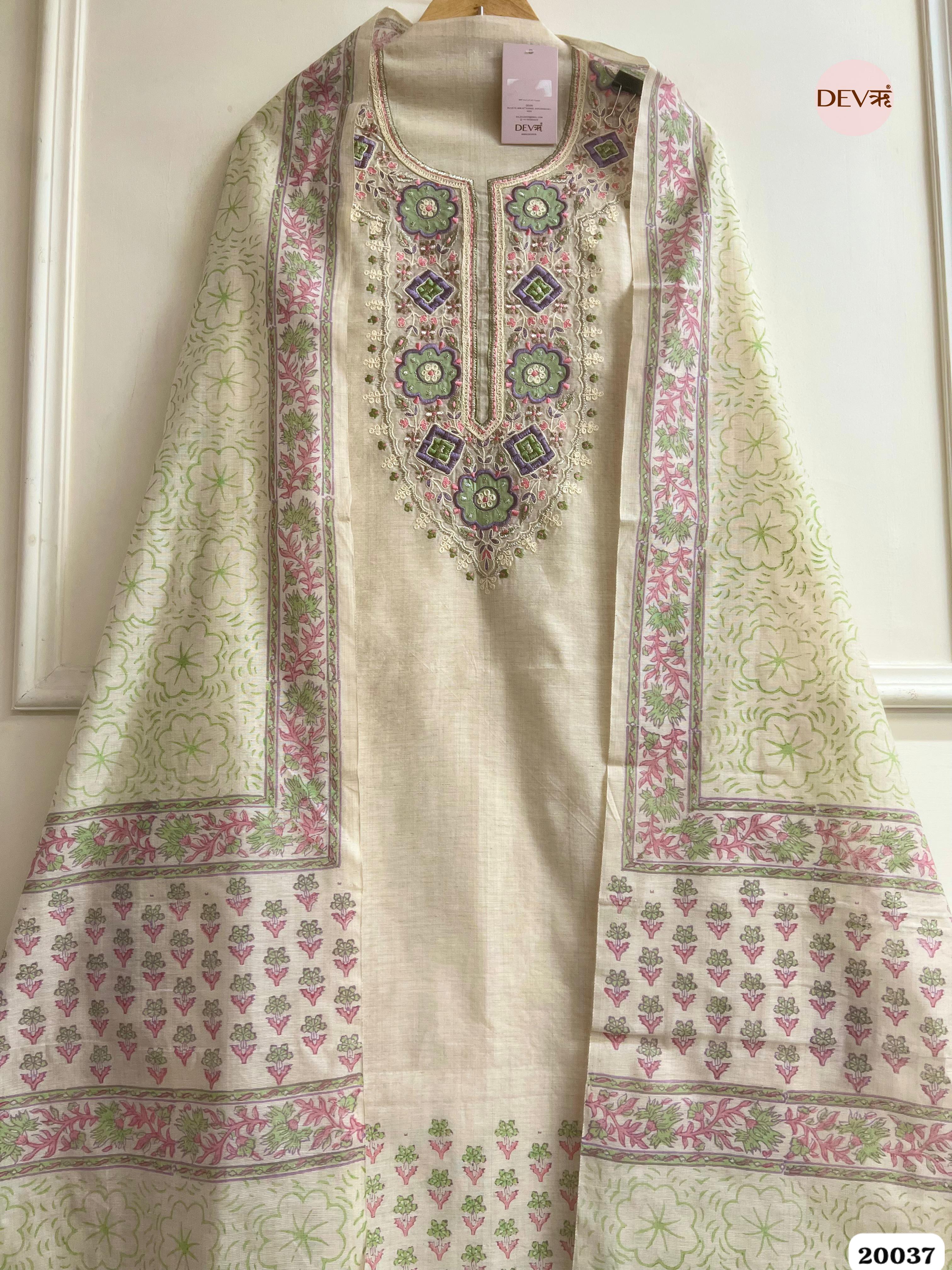 Ivory Pure Linen Embroidered Unstitched 3-Piece Suit (Devri – D.No. 20037)