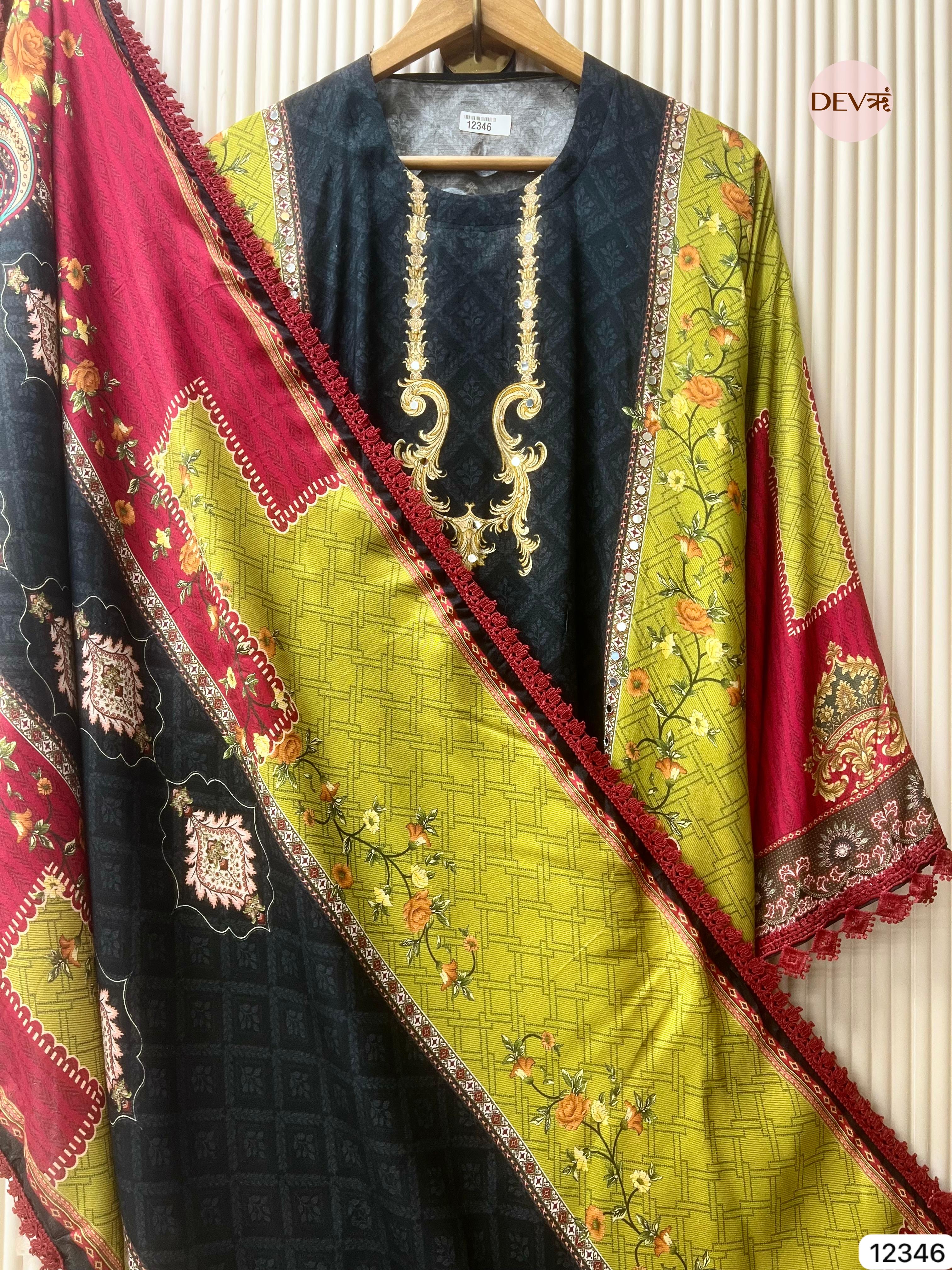 Deep Teal Muslin Printed Unstitched 3-Piece Suit (Devri – D.No 12346)