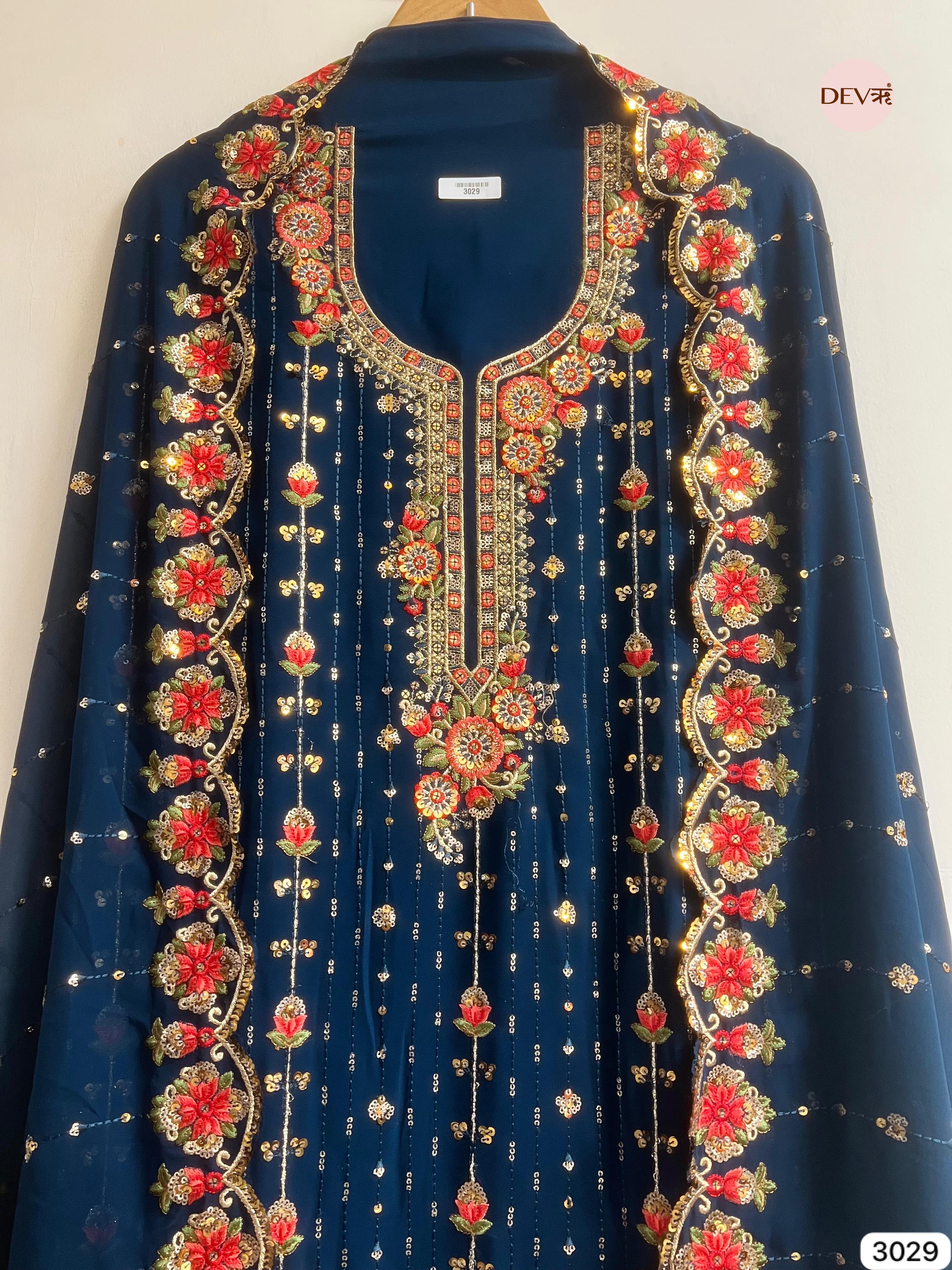 Navy Blue Georgette Embroidered Unstitched 3-Piece Suit (Devri – D.No 3029)
