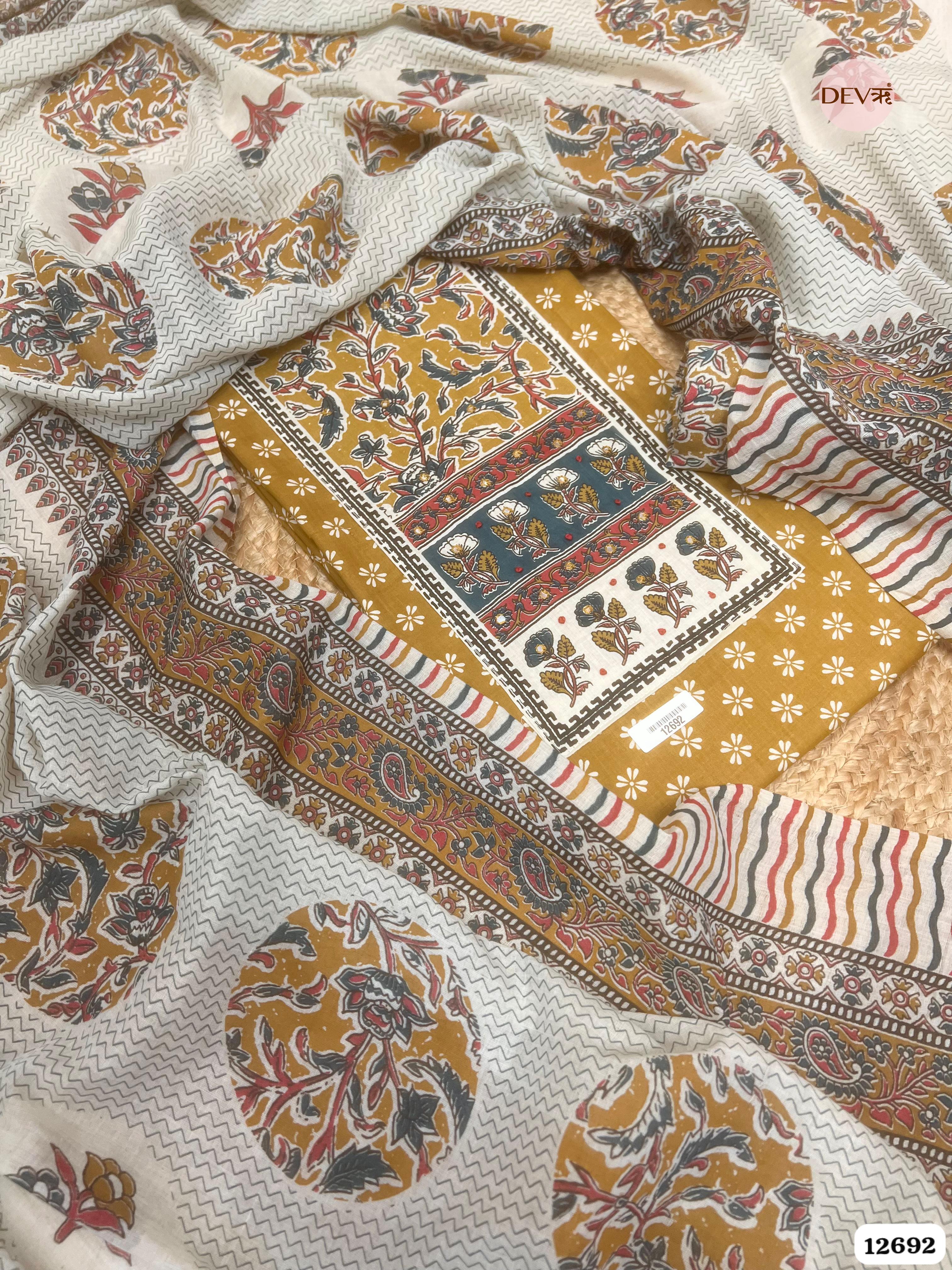 Mustard Cotton Printed Unstitched 3-Piece Suit (Devri – D.No 12692)