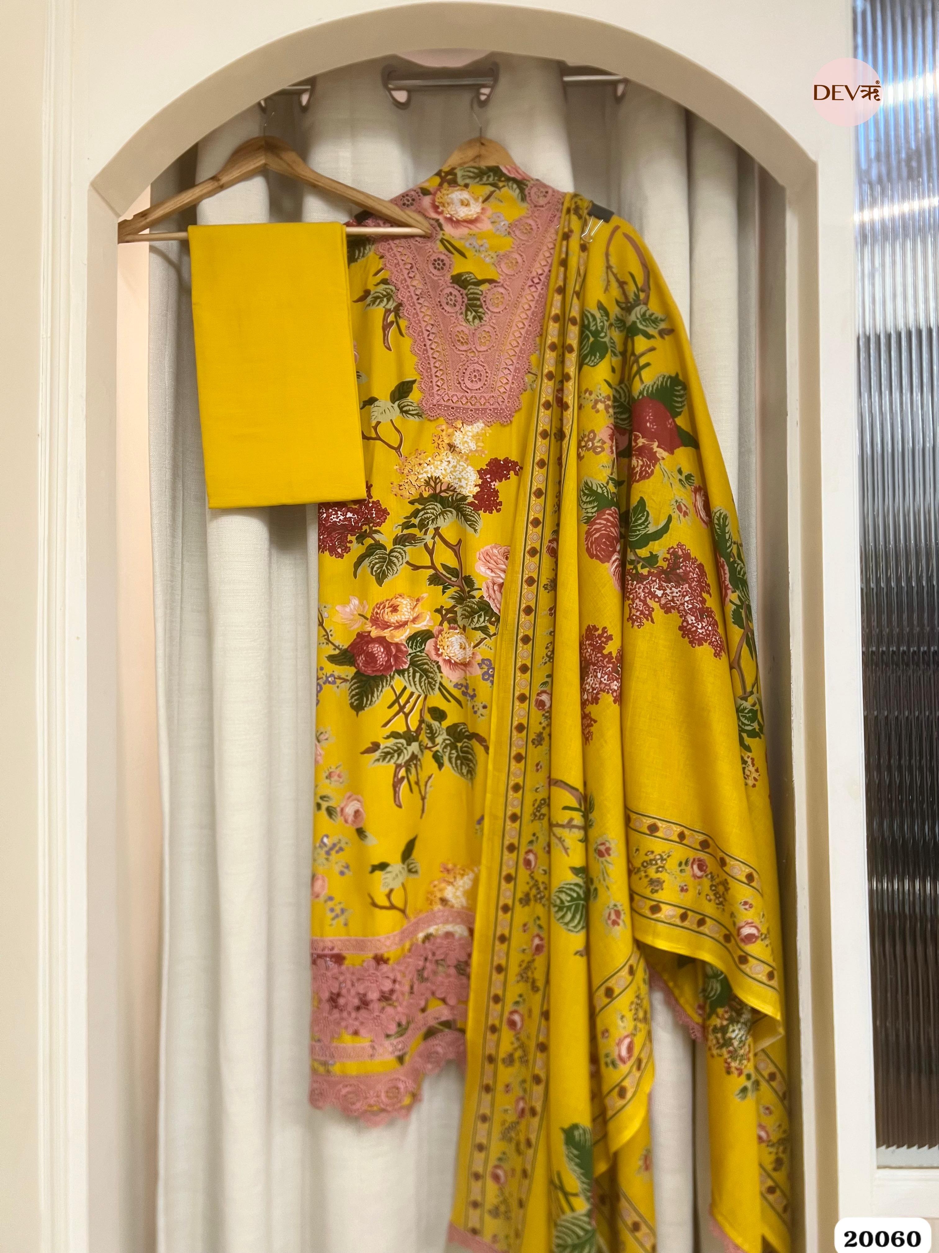 Mustard Yellow Cotton Printed Unstitched 3-Piece Suit (Devri – D.No. 20060)