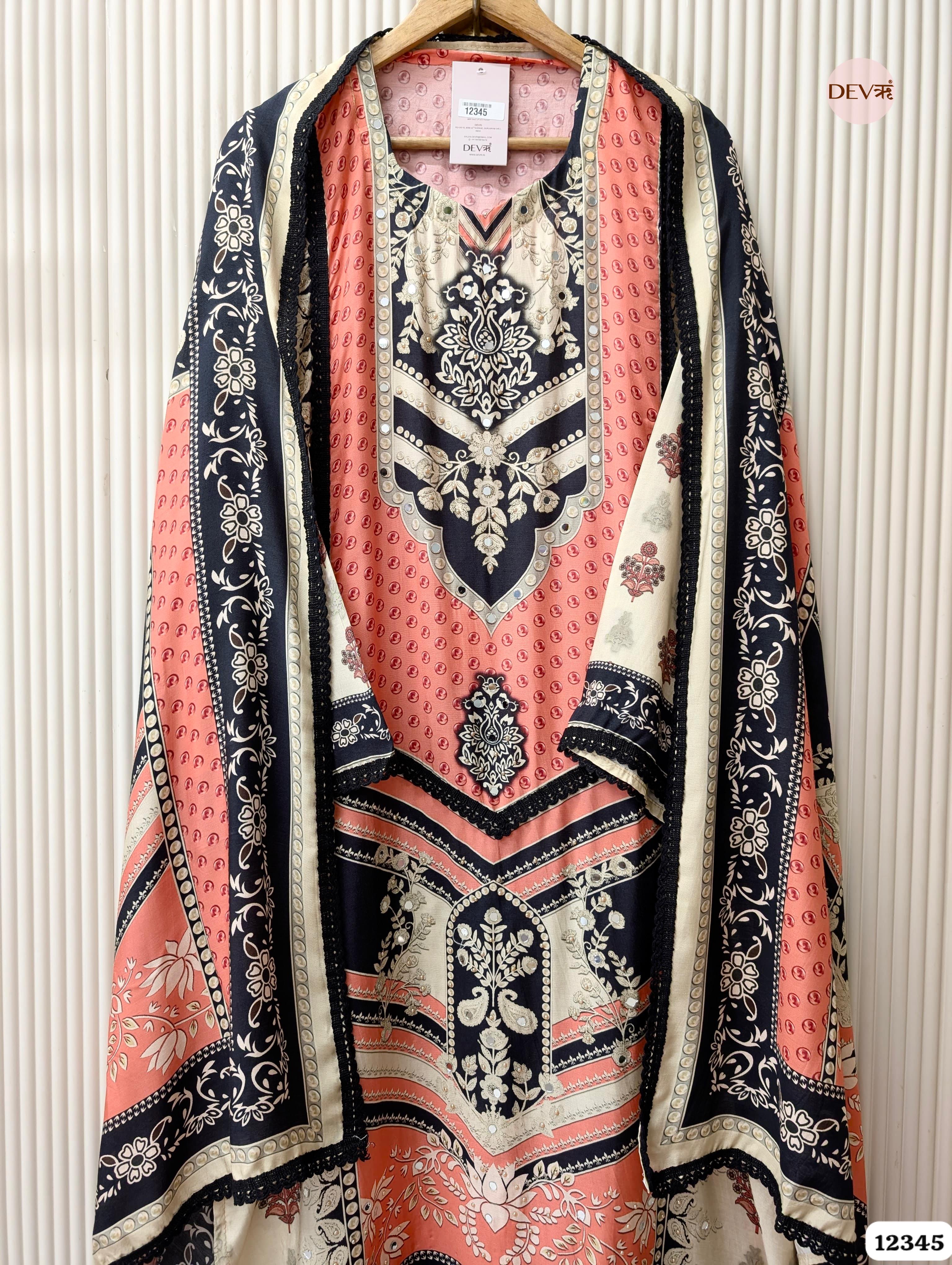 Coral & Black Muslin Printed Unstitched 3-Piece Suit (Devri – D.No. 12345)