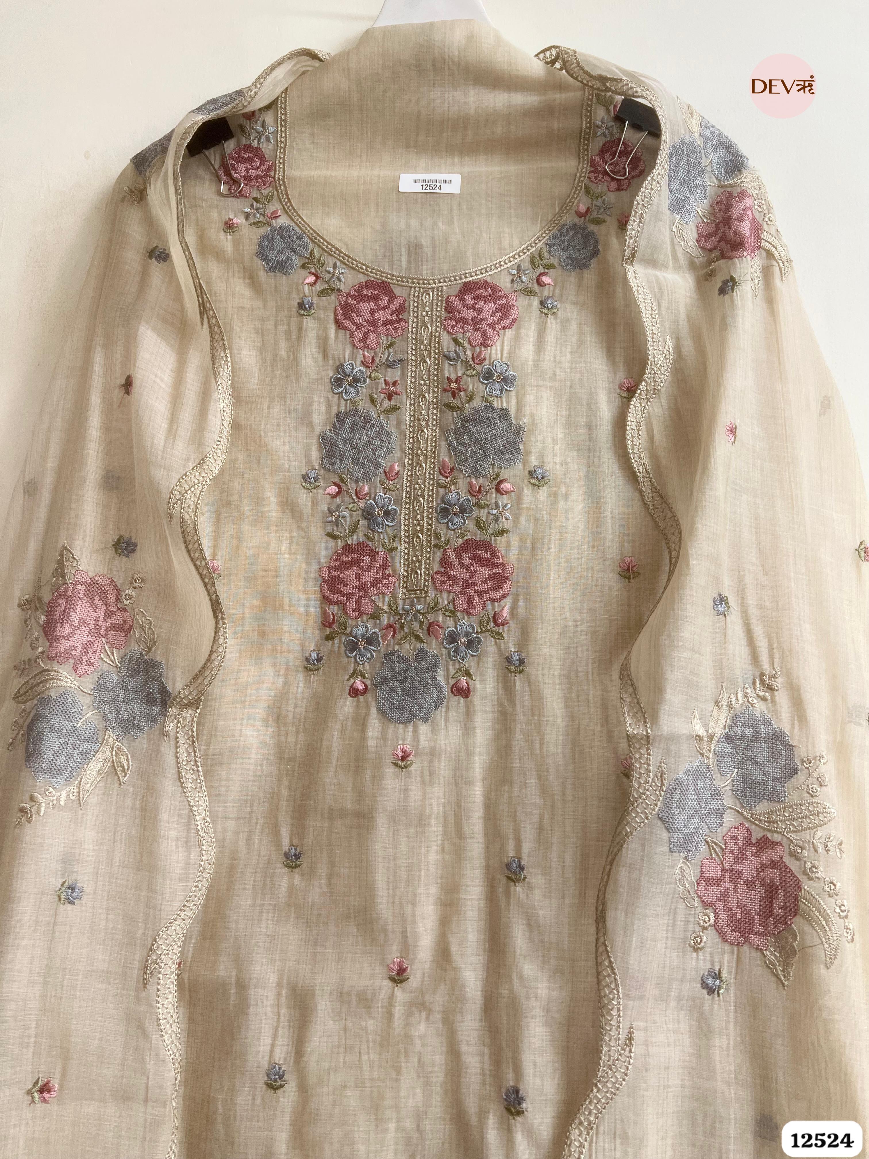 baige Mul Chanderi Embroidered Unstitched 3-Piece Suit (Devri – D.No. 12524)