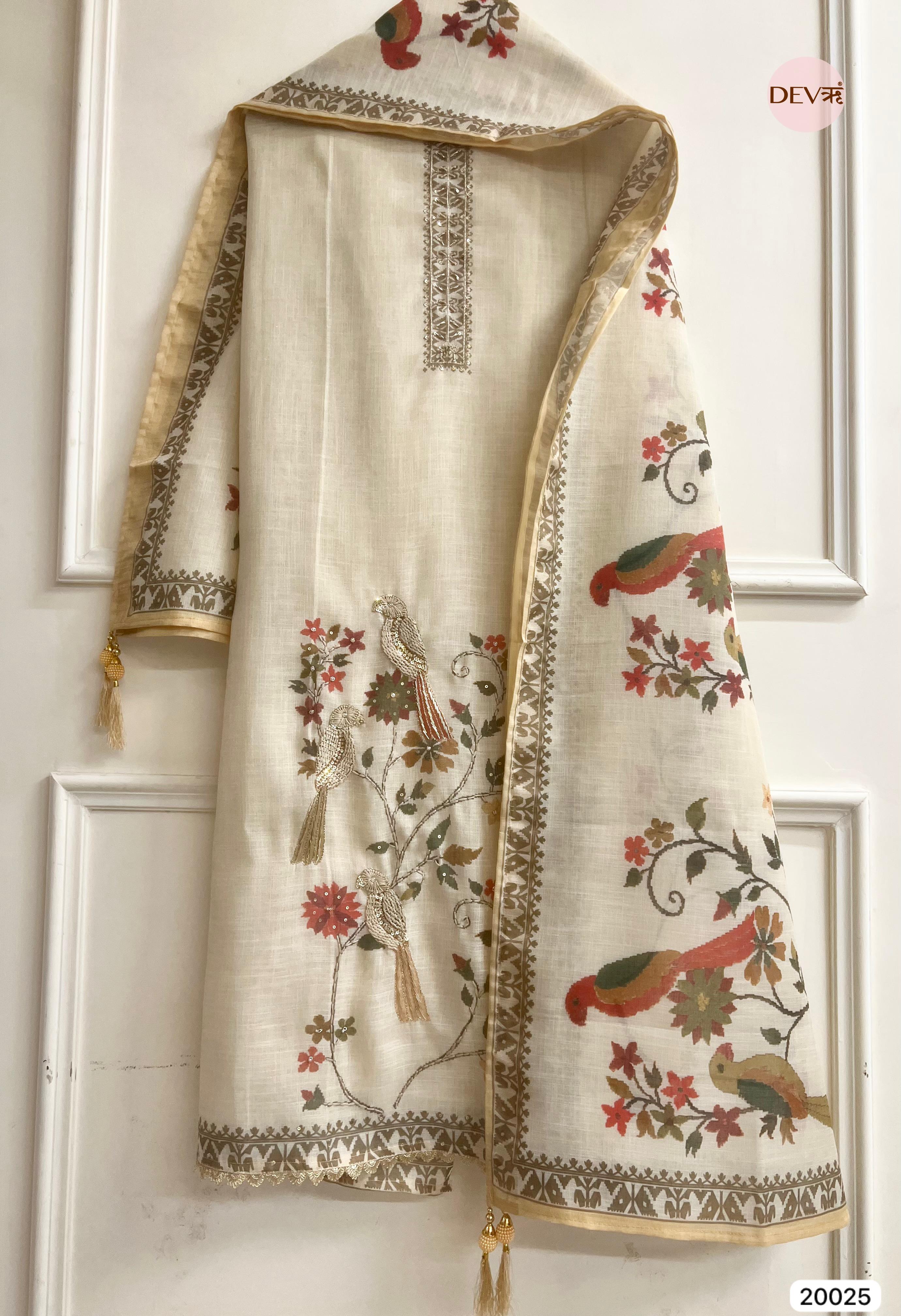 Ivory Linen Cotton Embroidered Unstitched 3-Piece Suit (Devri – D.No 20025