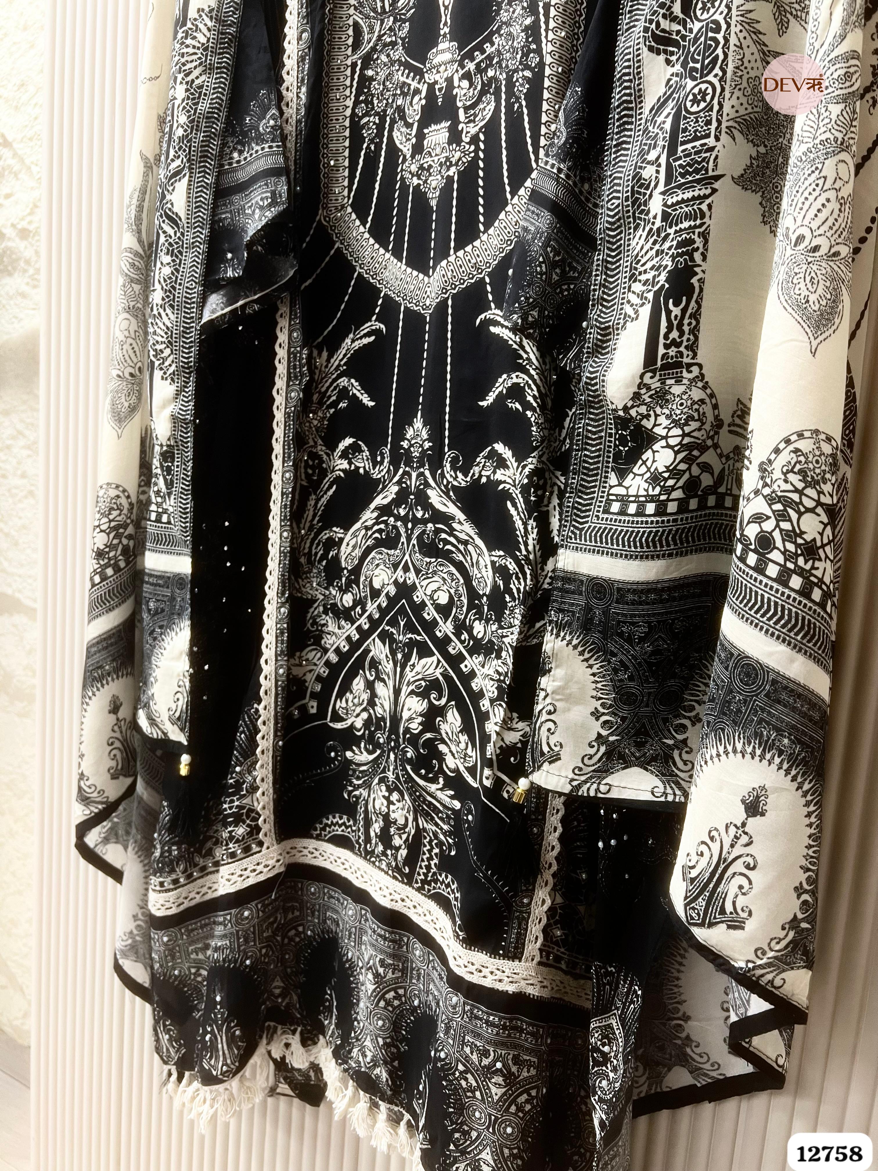 Black Muslin Printed Unstitched 3-Piece Suit (Devri – D.No 12758)