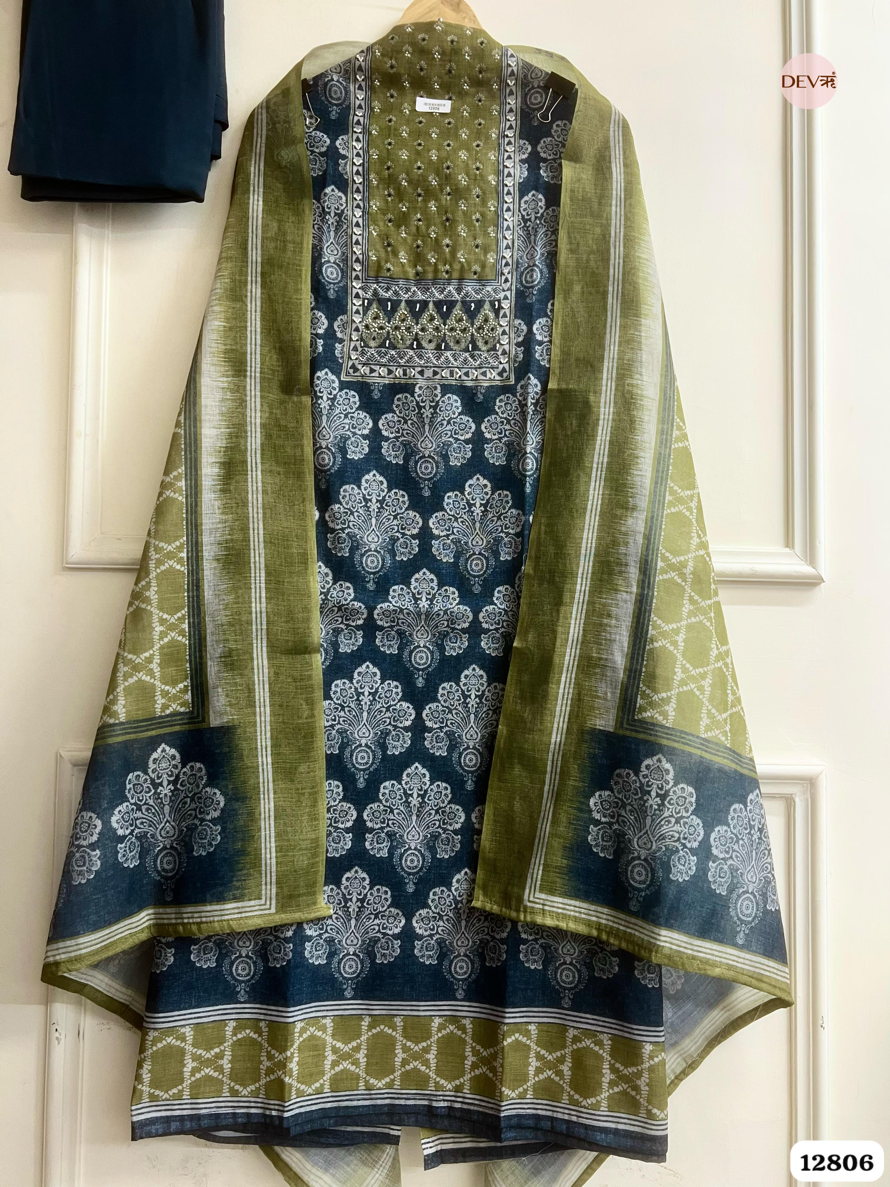 Olive Linen Cotton Printed Unstitched 3-Piece Suit (Devri – D.No 12806)