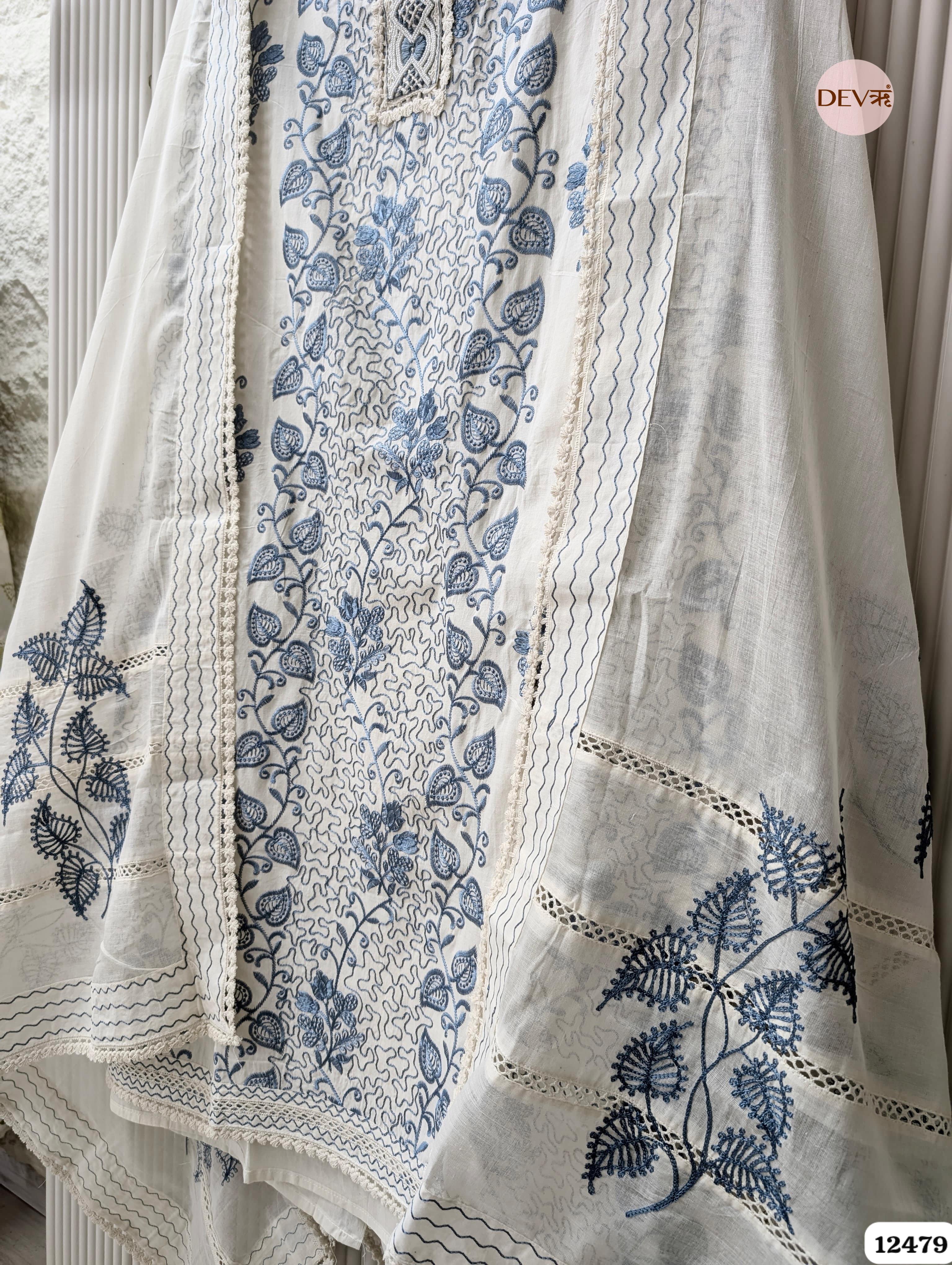 Teal Blue & White Pure Cotton Embroidered Unstitched 3-Piece Suit (Devri – D.No 12479)