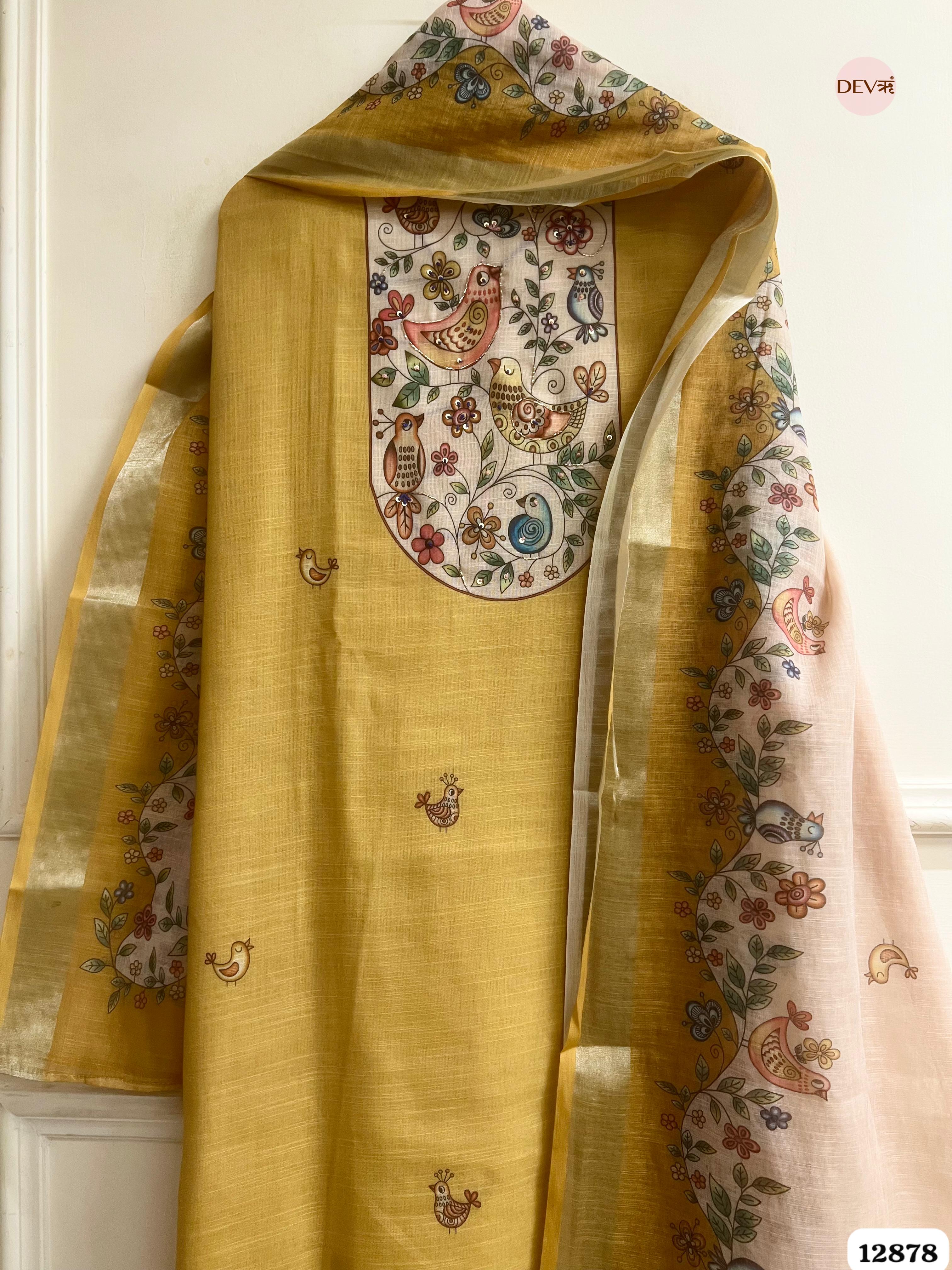 Mustard Yellow Linen Cotton Printed Unstitched 3-Piece Suit (Devri – D.No 12878)