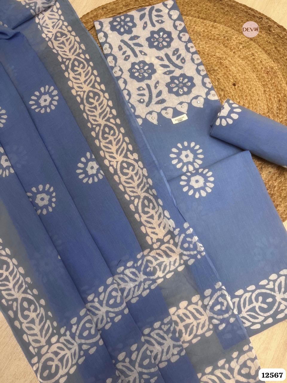 Blue Cotton Printed Unstitched 3-Piece Suit (Devri – D.No 12567)