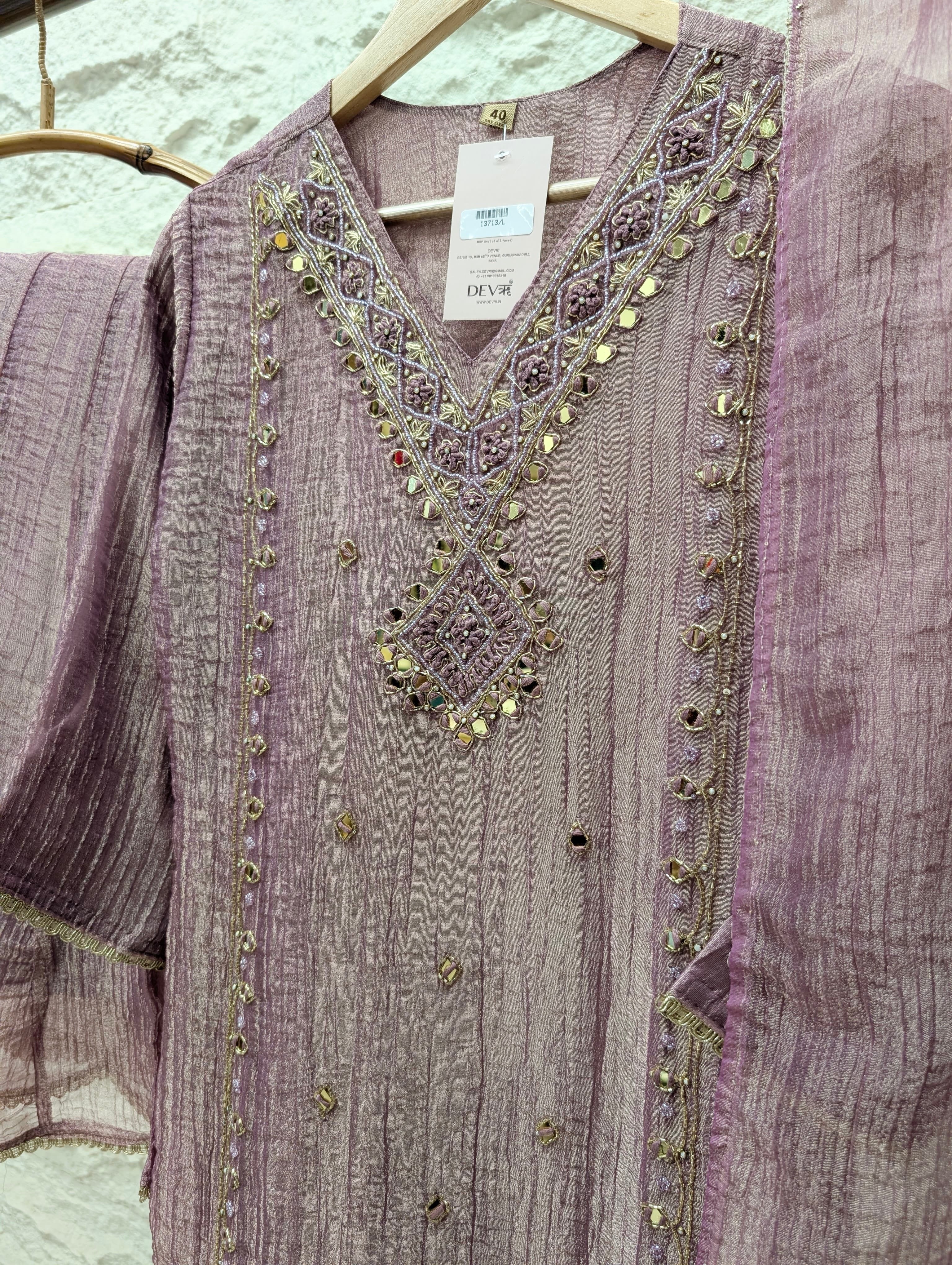 Gulnaar Tissue silk Embroidered Mauve 3-Piece Set (Devri – D.No 13713)
