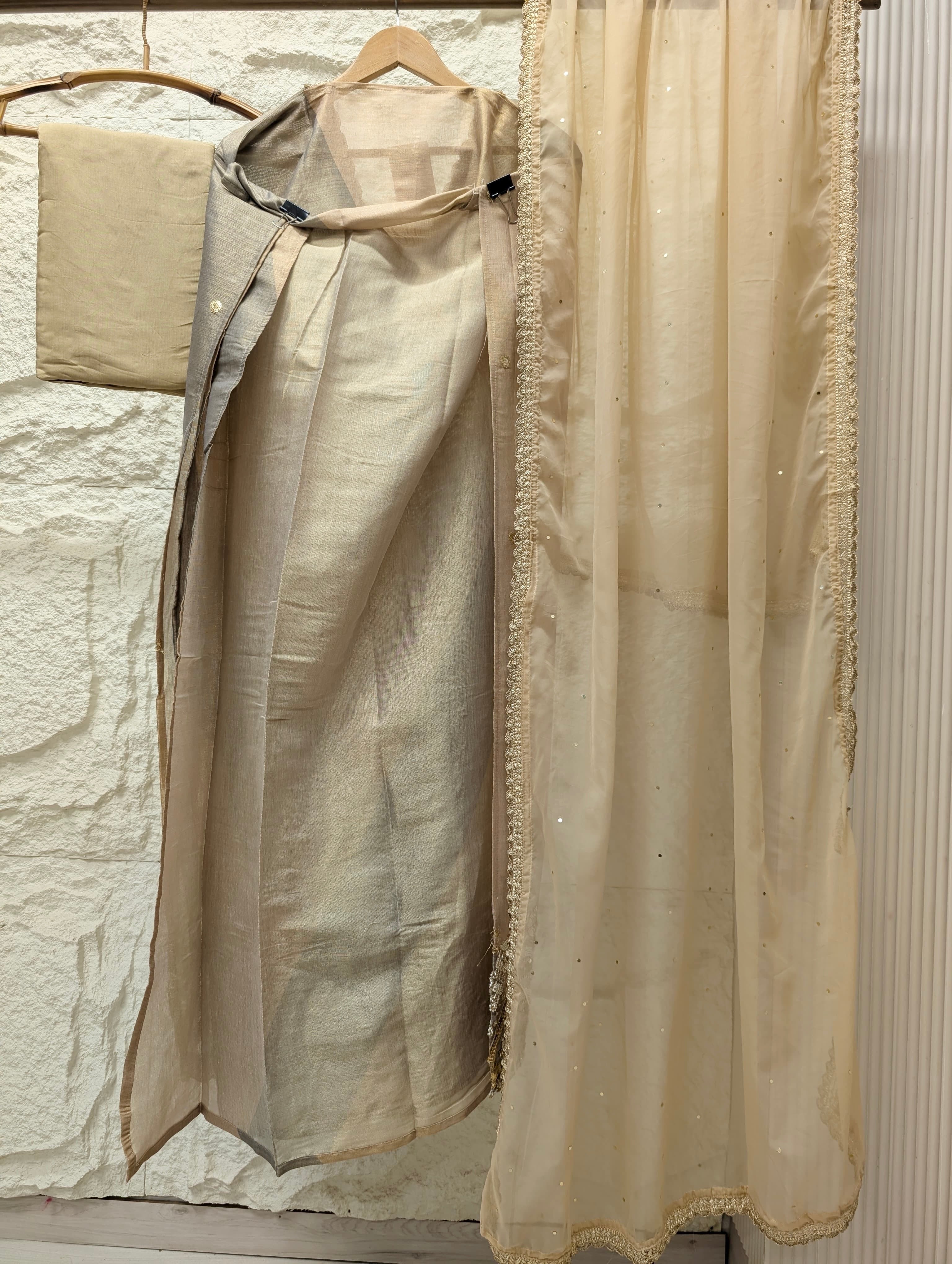 Beige Tissue Silk Embroidered Unstitched 3-Piece Suit (Devri – D.No 13693)