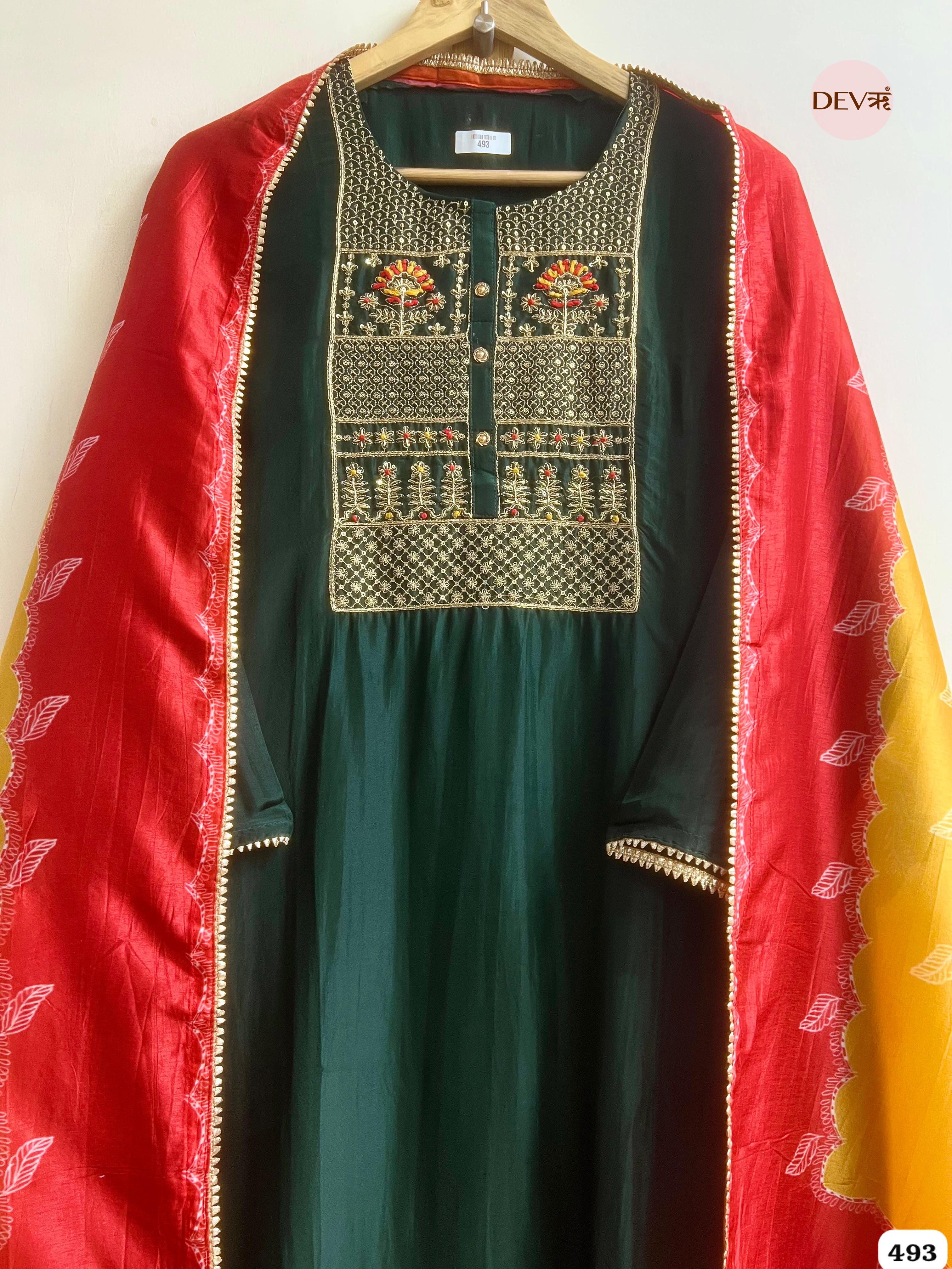 Bottle Green Tissue Silk Embroidered Unstitched 3-Piece Suit (Devri – D.No 493)