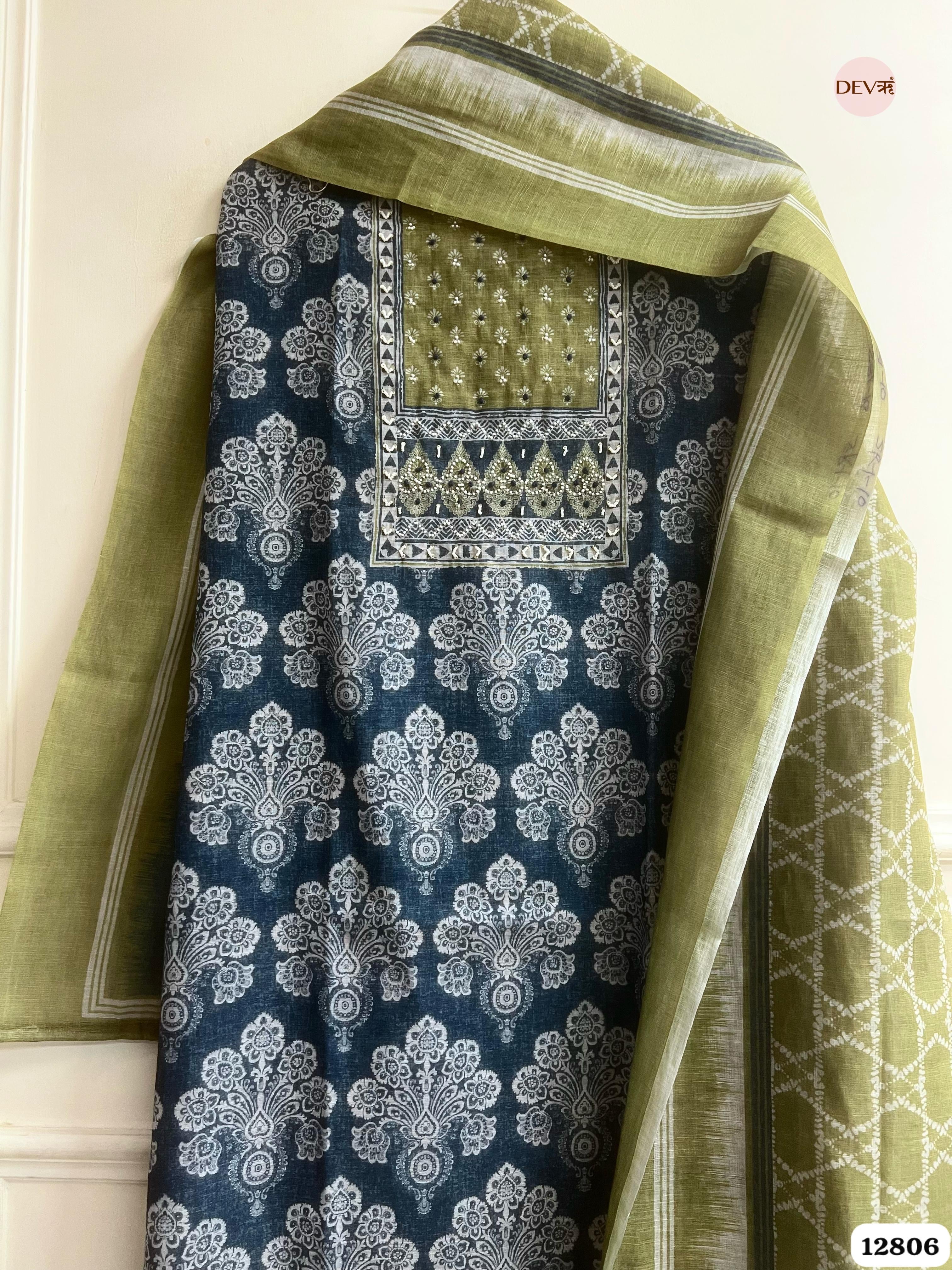 Olive Linen Cotton Printed Unstitched 3-Piece Suit (Devri – D.No 12806)