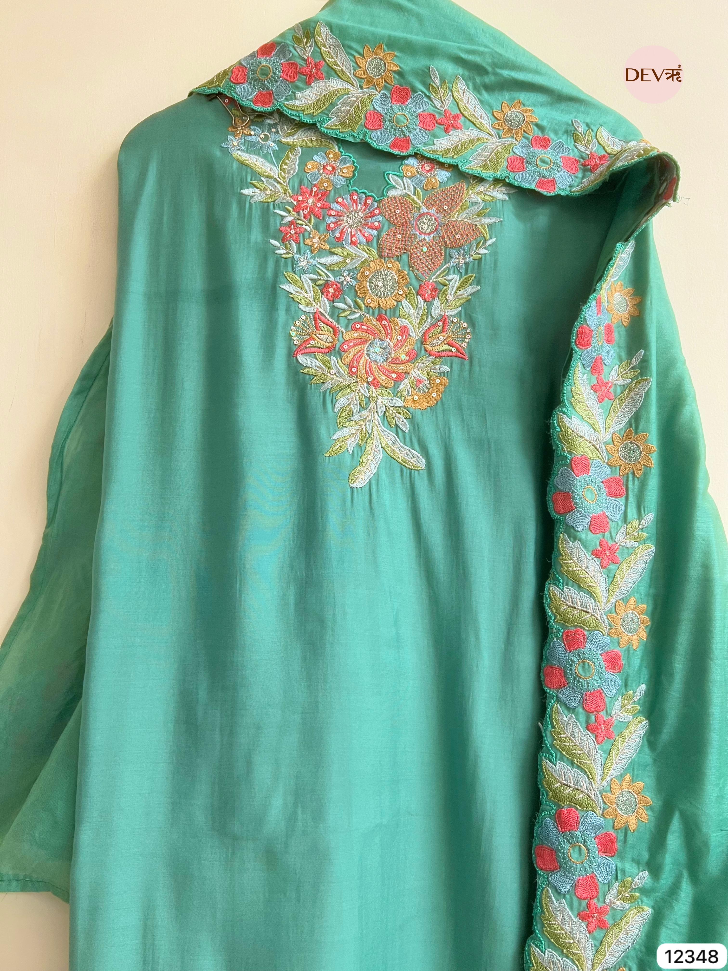 Teal Green Roman Silk Embroidered Unstitched 3-Piece Suit (Devri – D.No 12348)