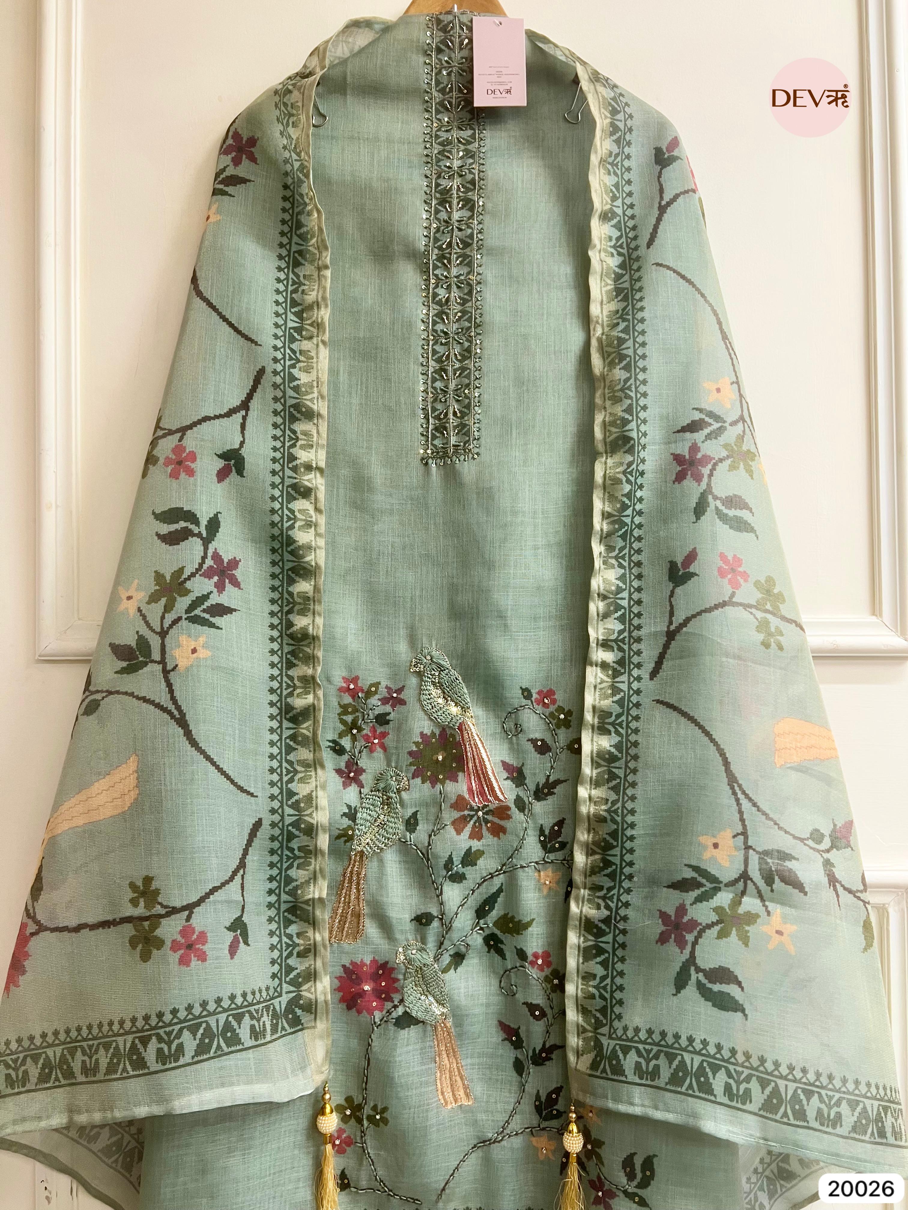 Sage Green Pure Linen Embroidered Unstitched 3-Piece Suit (Devri – D.No . 20026)