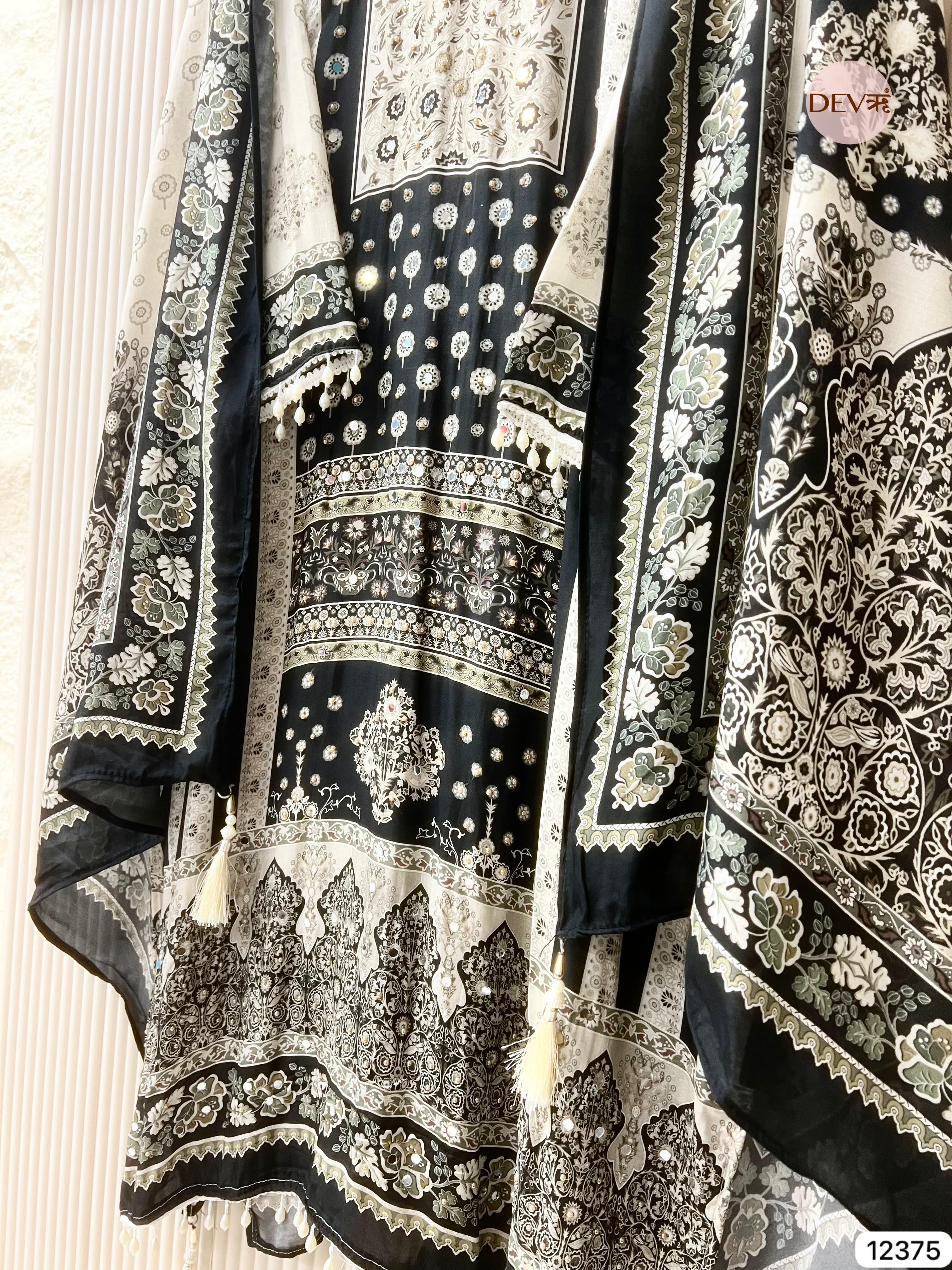 Black Muslin Printed Unstitched 3-Piece Suit (Devri – D.No 12375)