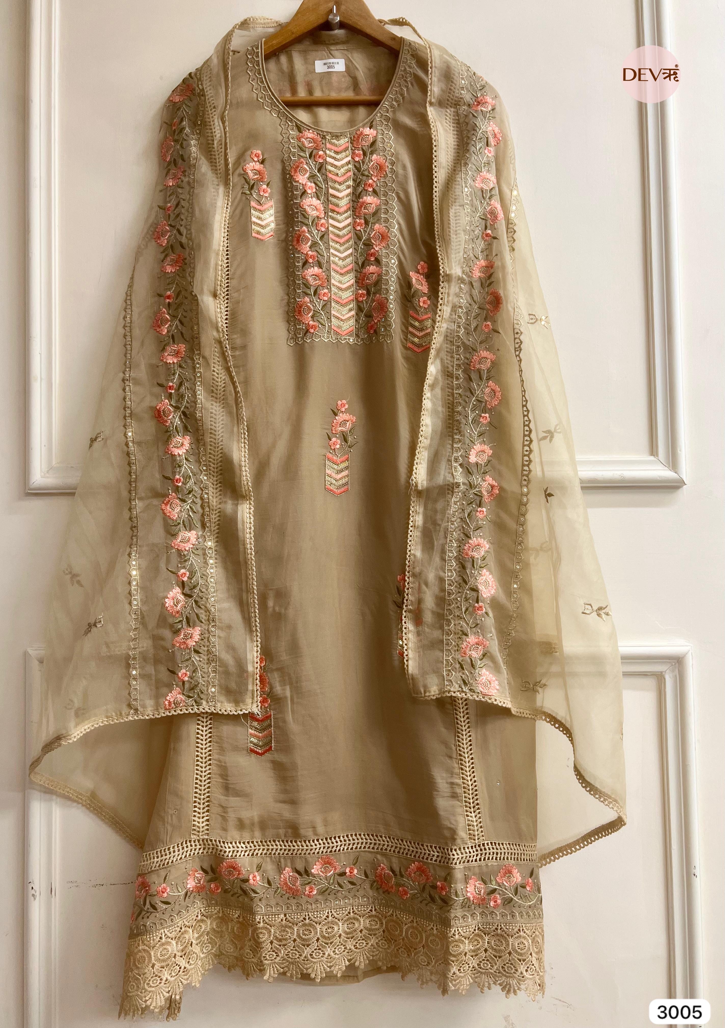 Beige Organza Embroidered Unstitched 3-Piece Suit (Devri – D.No 3005)