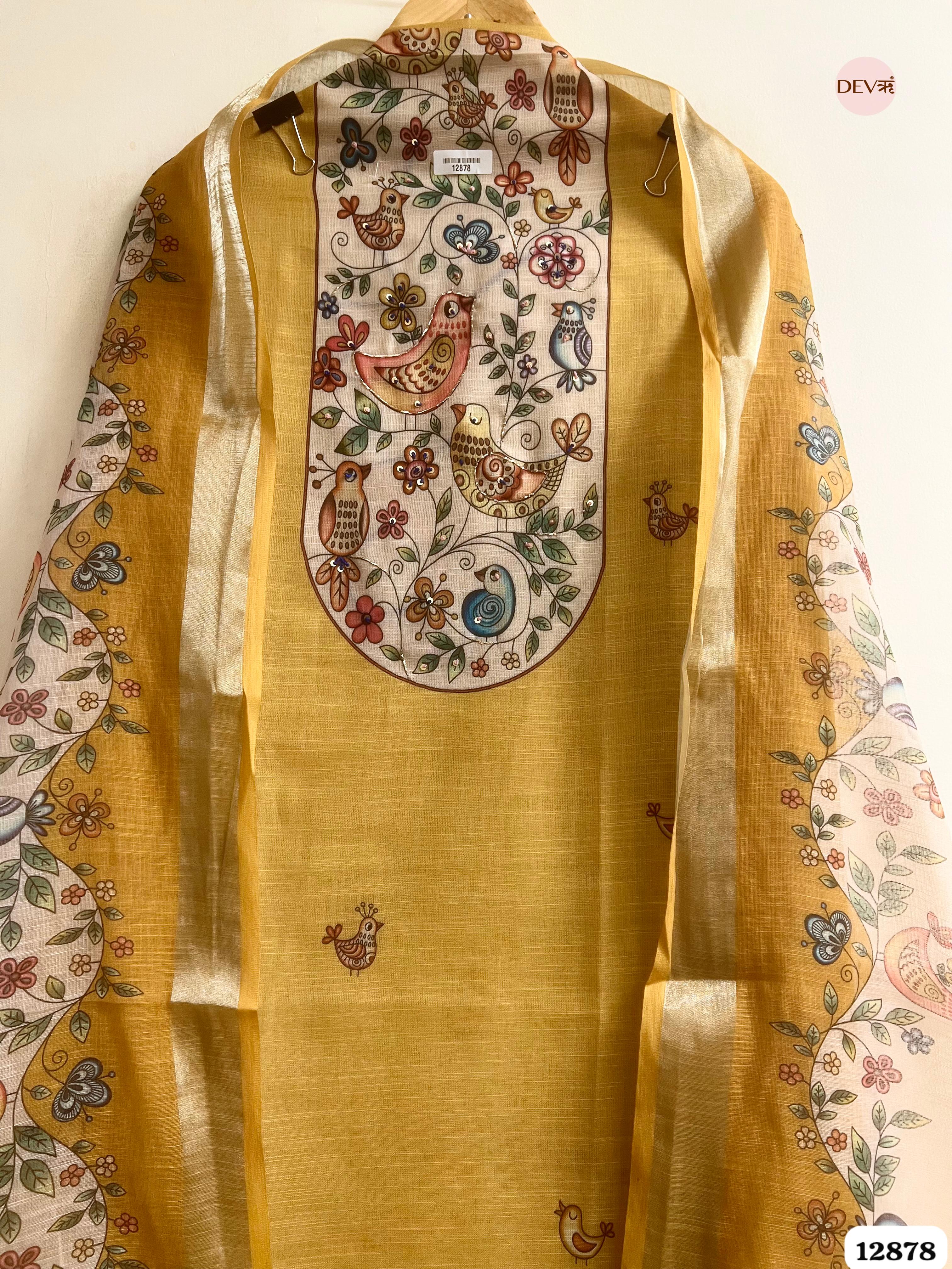 Mustard Yellow Linen Cotton Printed Unstitched 3-Piece Suit (Devri – D.No 12878)