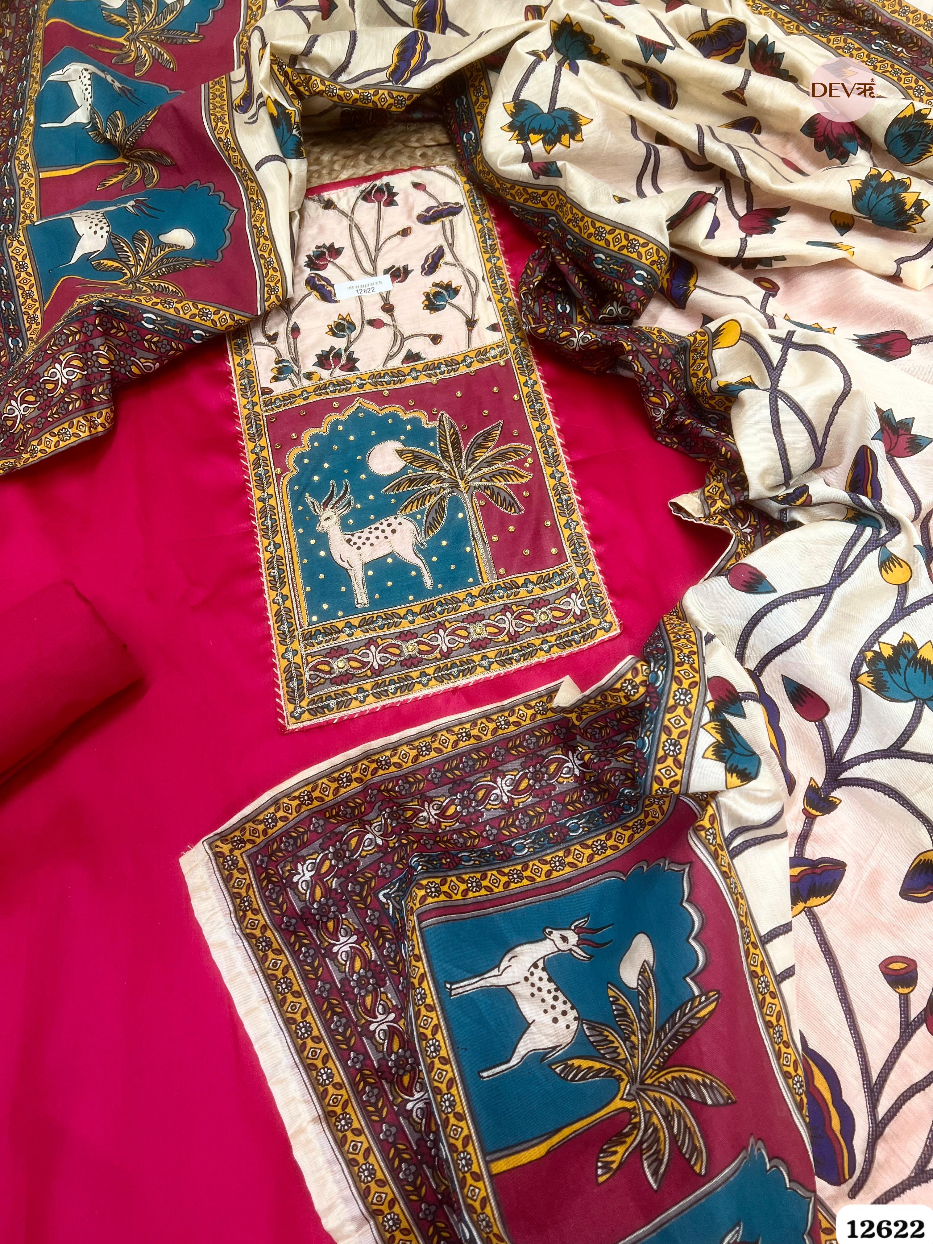 Pink Cotton Printed Unstitched 3-Piece Suit (Devri – D.No 12622)