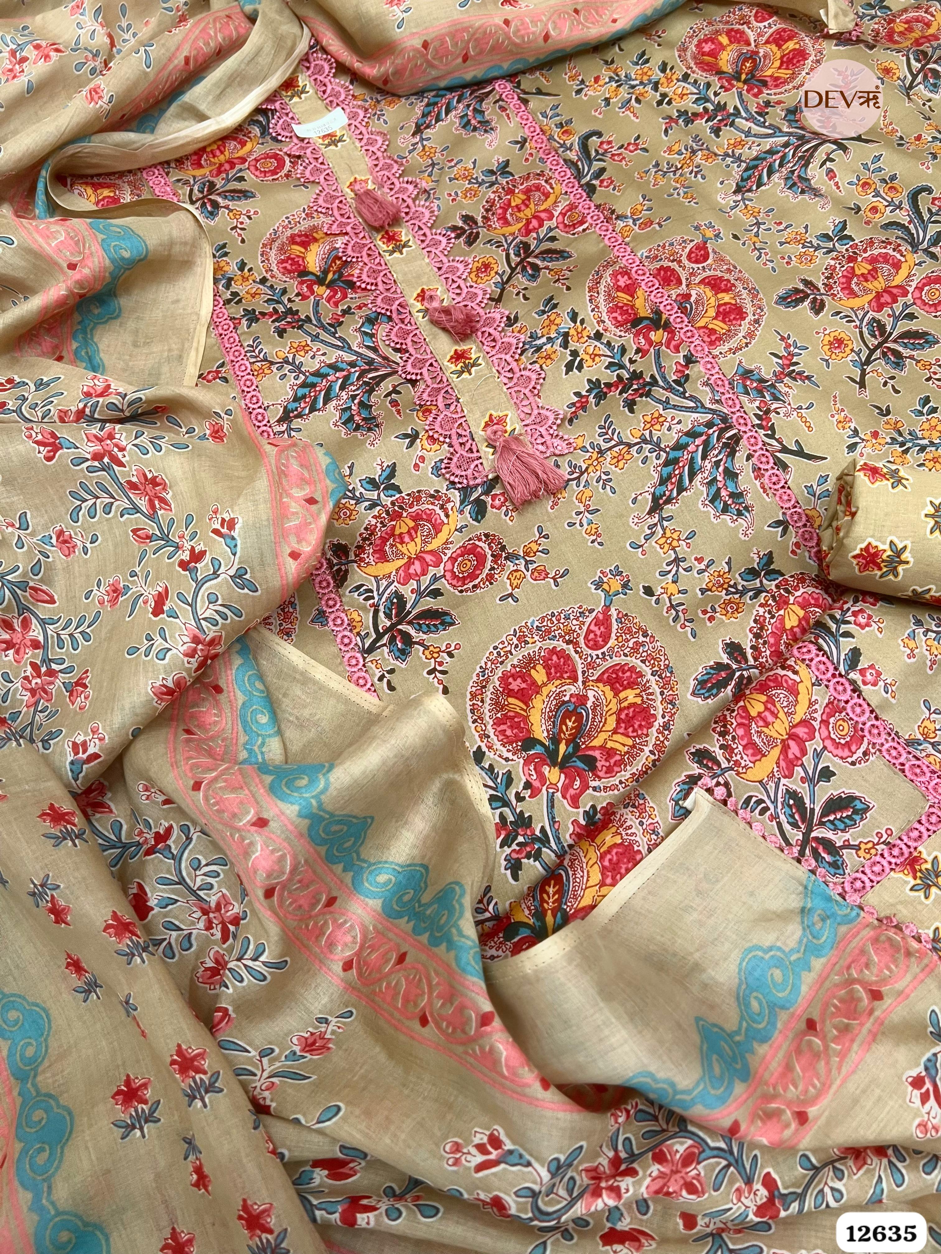 Beige Cotton Floral Printed Unstitched 3-Piece Suit (Devri – D.No 12635)