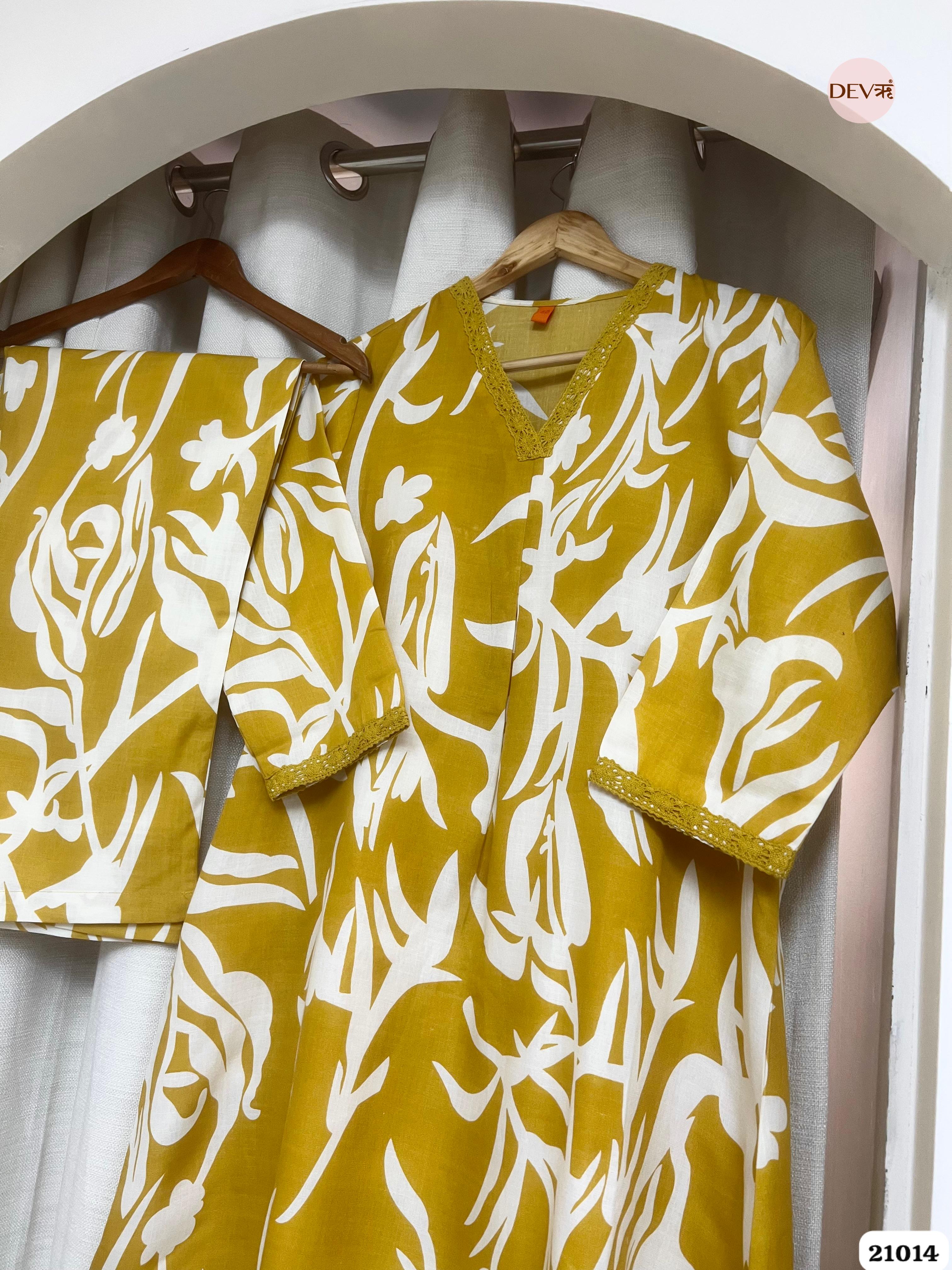 Saumya Cotton Printed Mustard 2-Piece Set (Devri – D.No 12014)