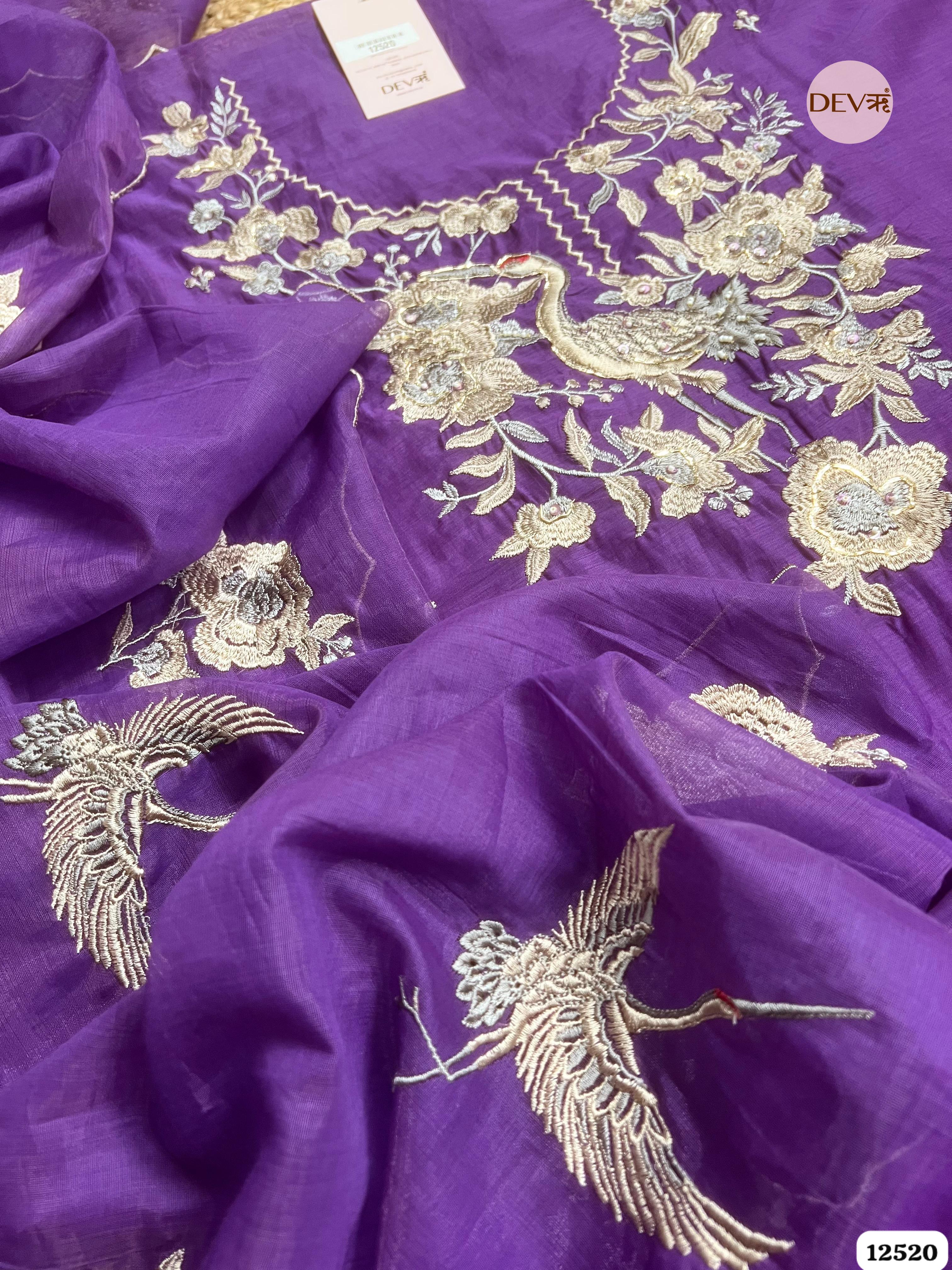 Royal Purple Pure Mul Chanderi Embroidered Unstitched 3-Piece Suit (Devri – D.No . 12520)