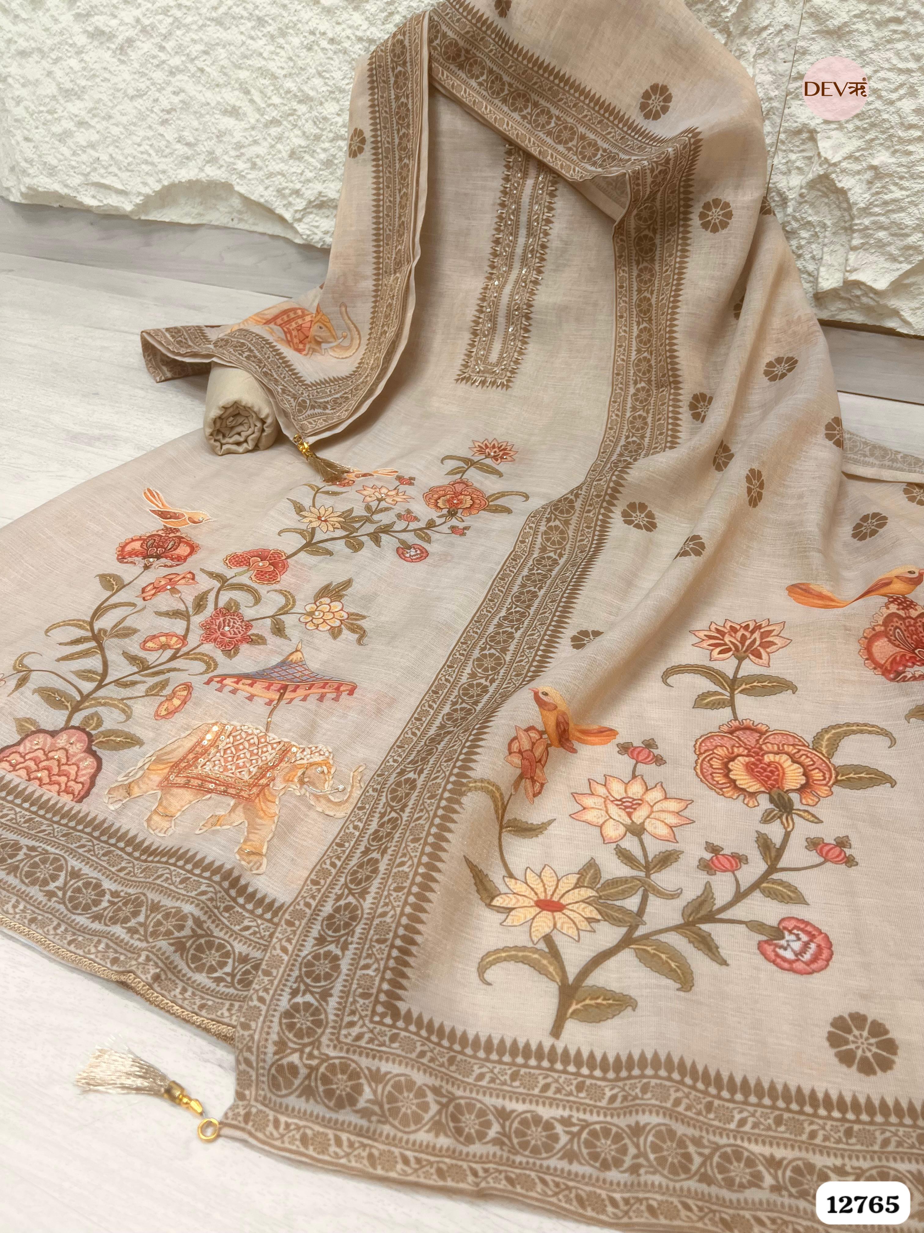Beige Linen Cotton Embroidered Unstitched 3-Piece Suit (Devri – D.No 12765)
