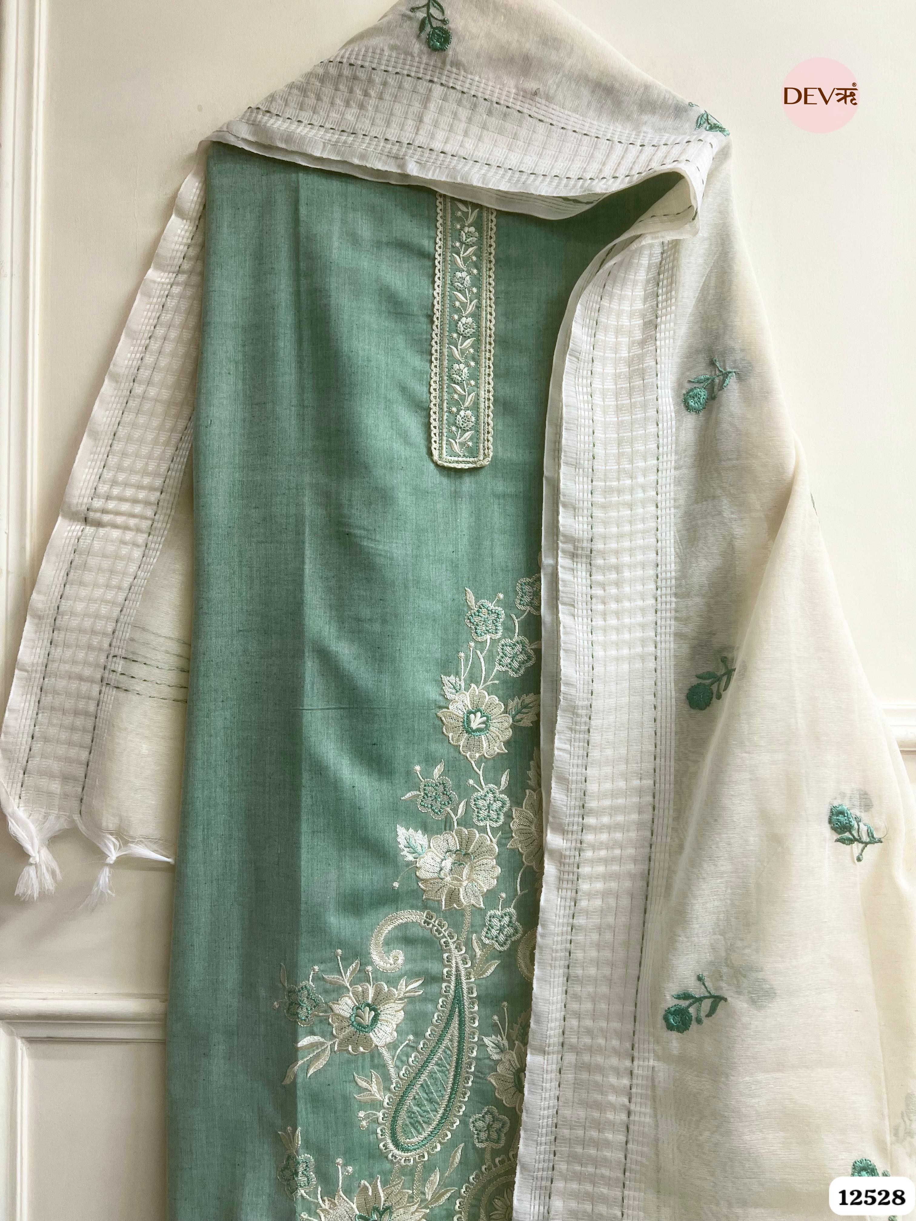 Mint Handloom Cotton Embroidered Unstitched 3-Piece Suit (Devri – D.No 12528)