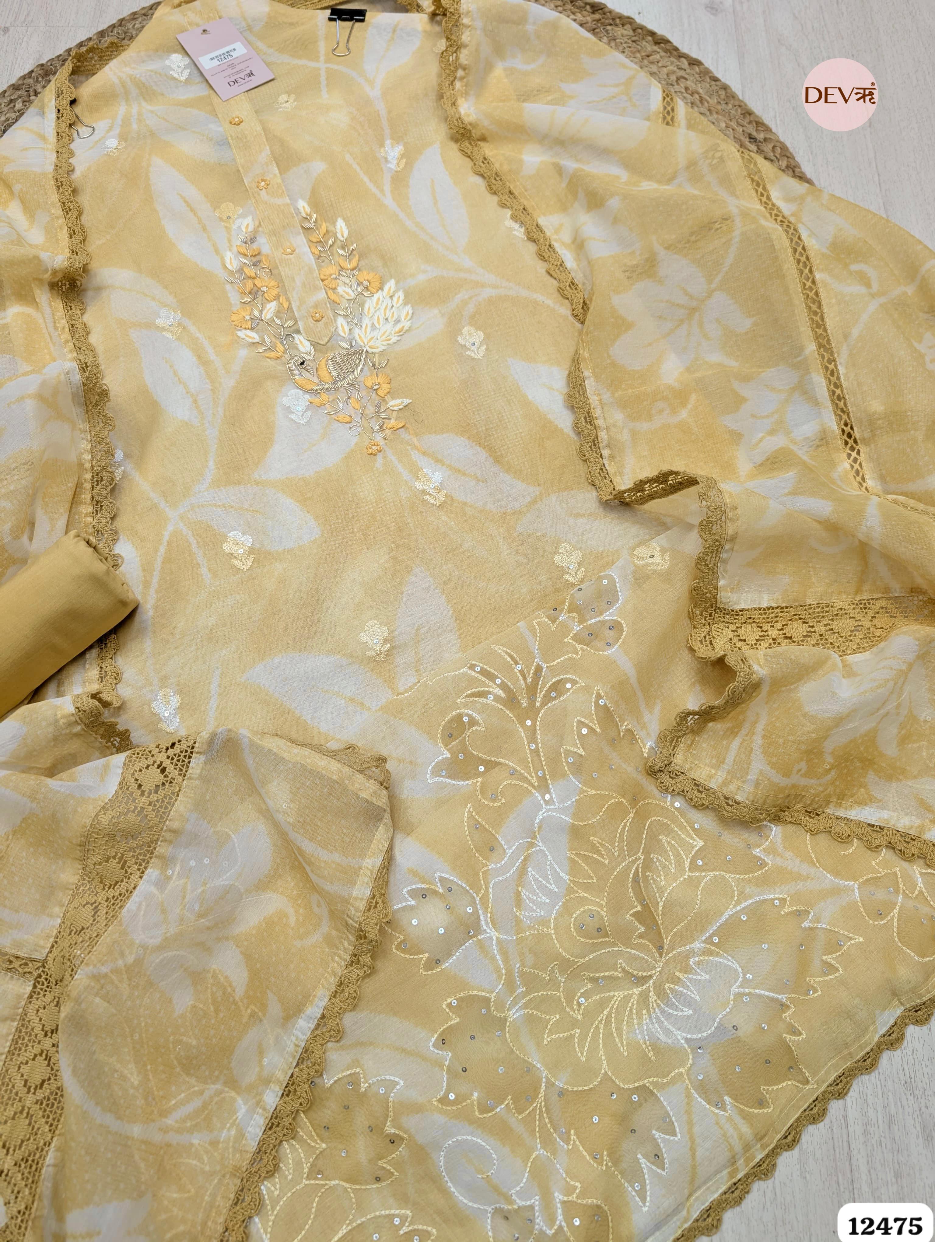 Soft Mustard Mul Chanderi Embroidered Unstitched 3-Piece Suit (Devri – D.No. 12475)