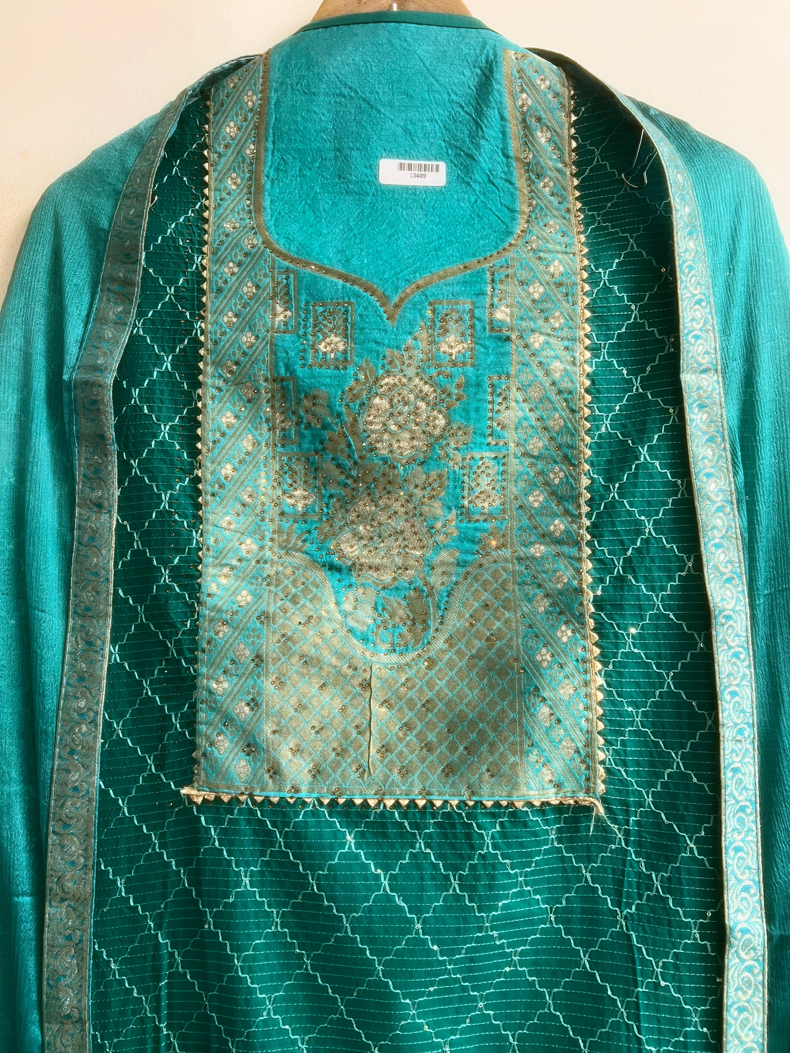 Teal Silk Blend Embroidered Unstitched 3-Piece Suit (Devri – D.No 13409)