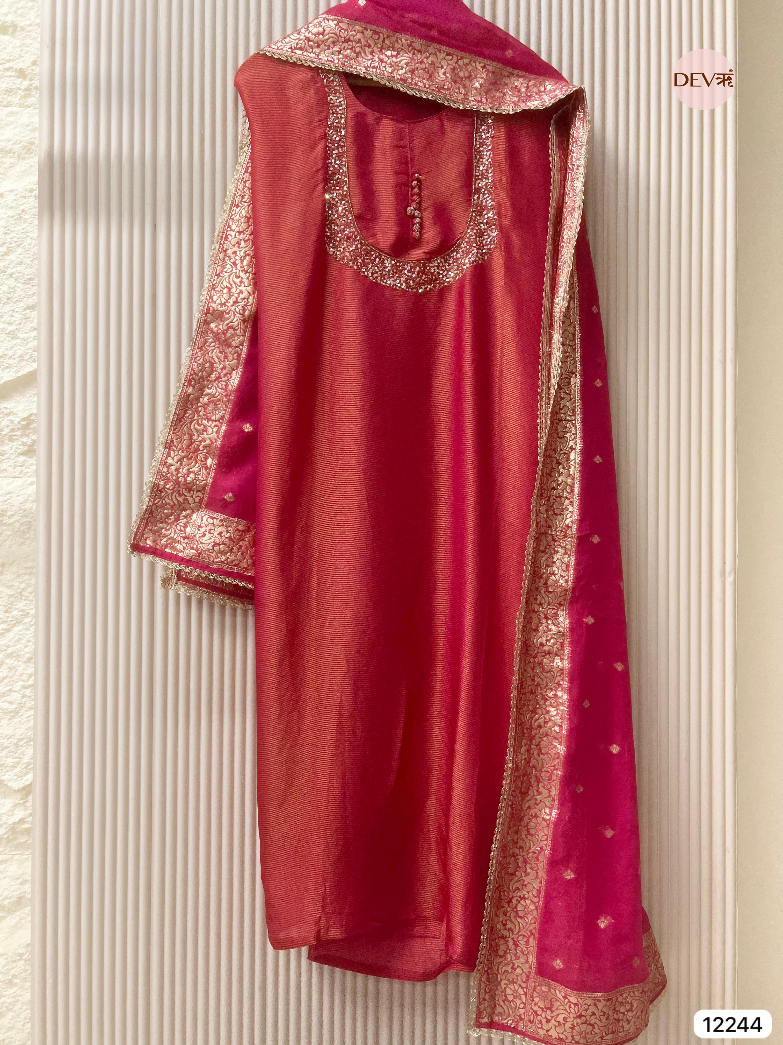 Rani Pink Tissue Shimmer Silk Embroidered Unstitched 3-Piece Suit (Devri – D.No 12244)