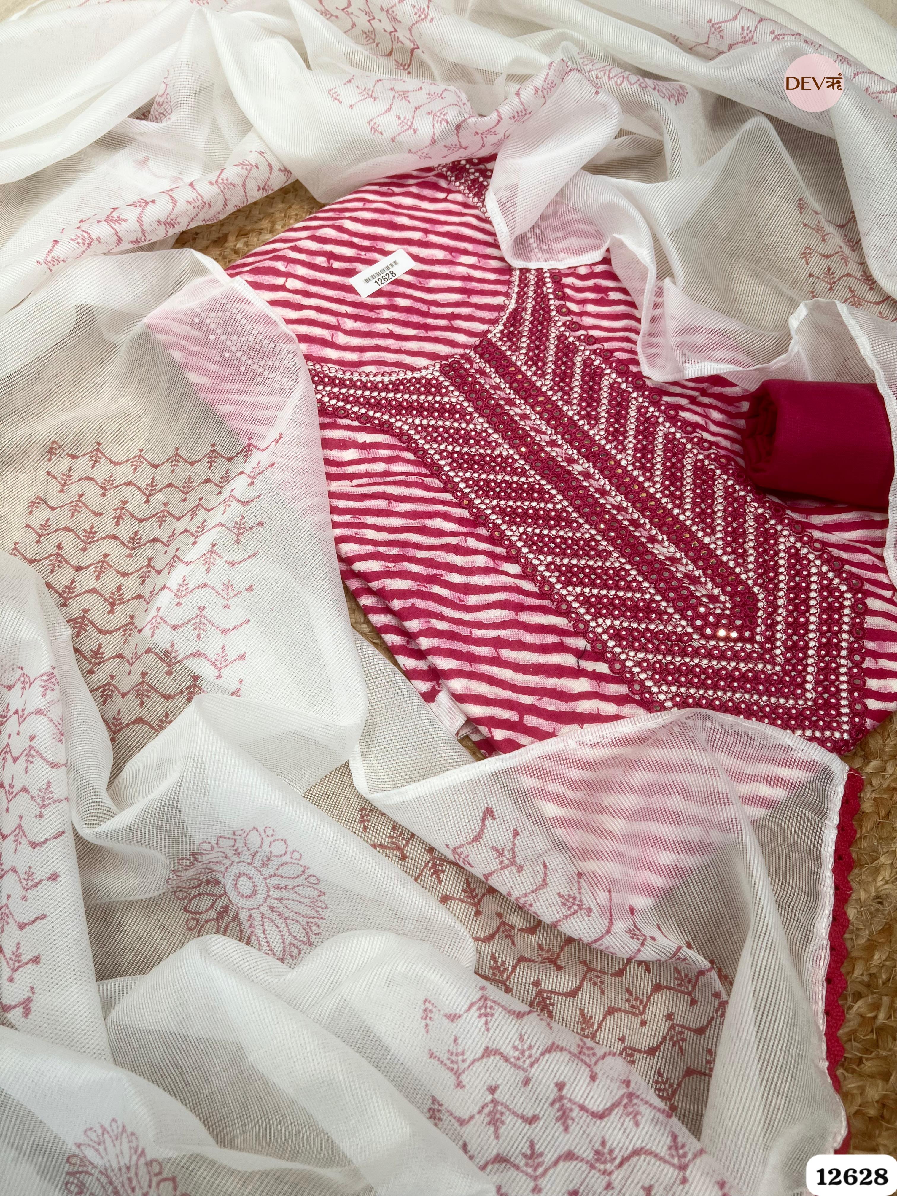 Magenta Pink Cotton Printed & Embroidered Unstitched 3-Piece Suit (Devri – D.No. 12628)