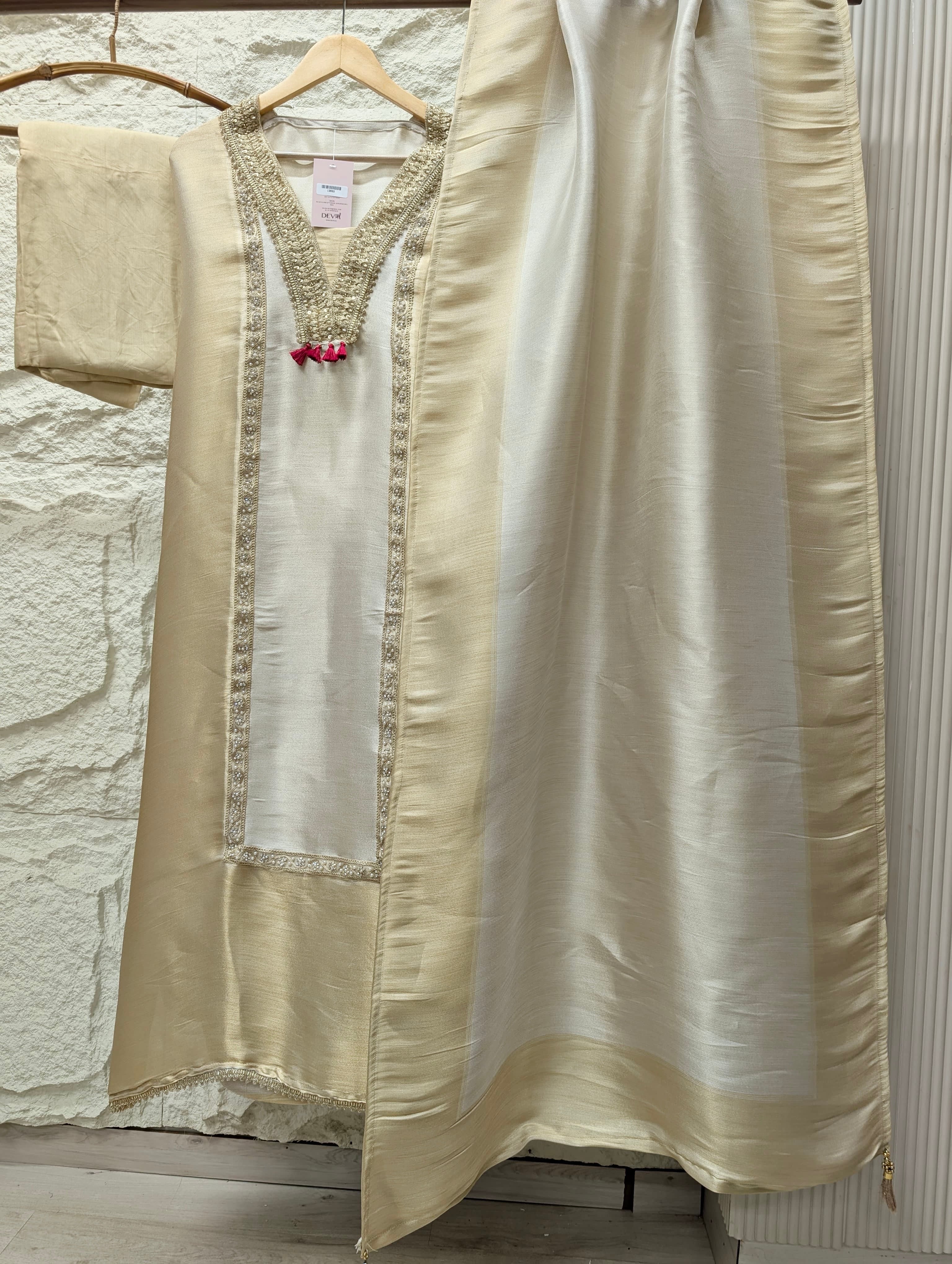 Cream Tissue Slik Embroidered Unstitched 3-Piece Suit (Devri – D.No 13692)
