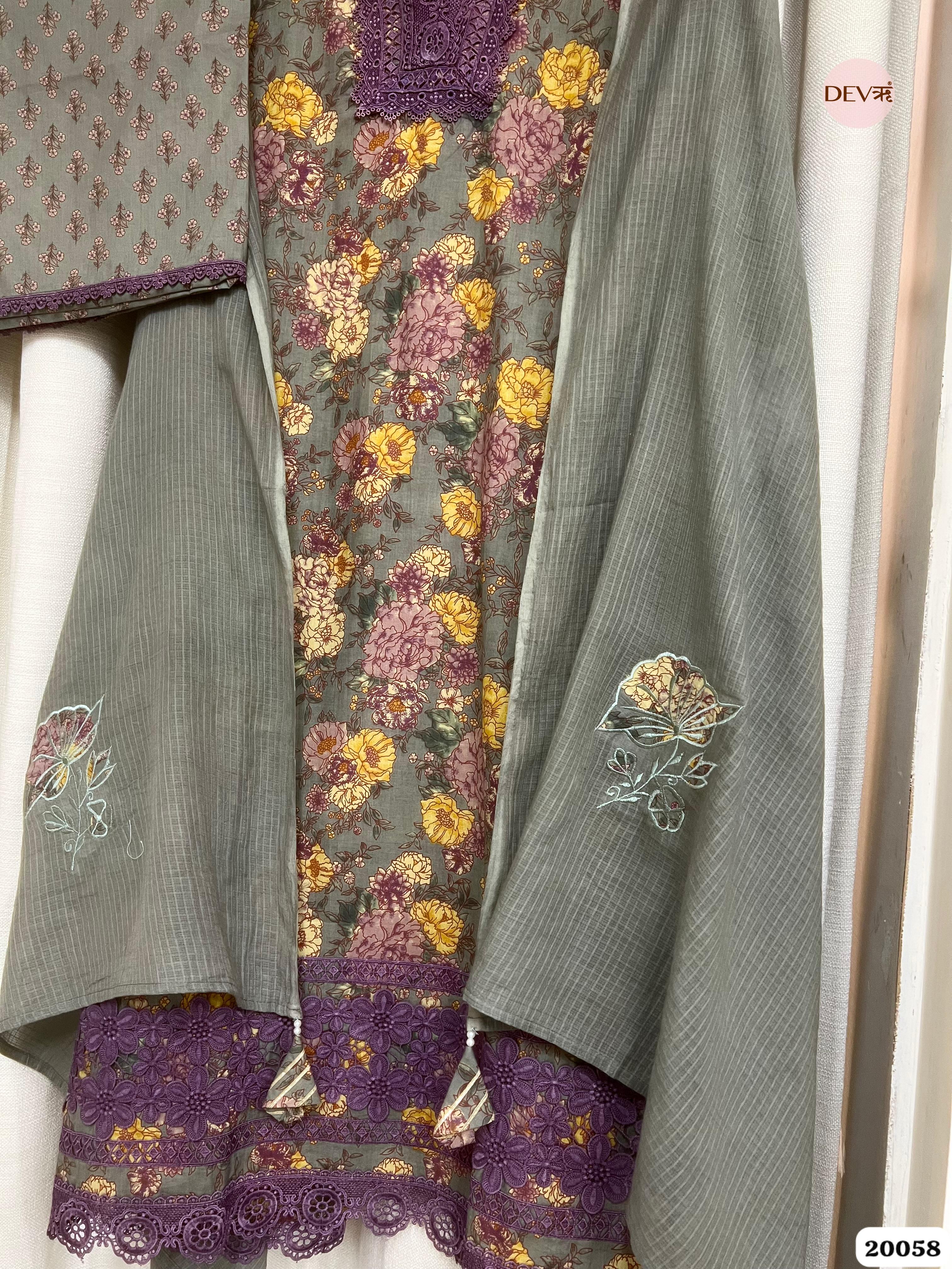 grey Cotton Printed Unstitched 3-Piece Suit (Devri – D.No. 20058)