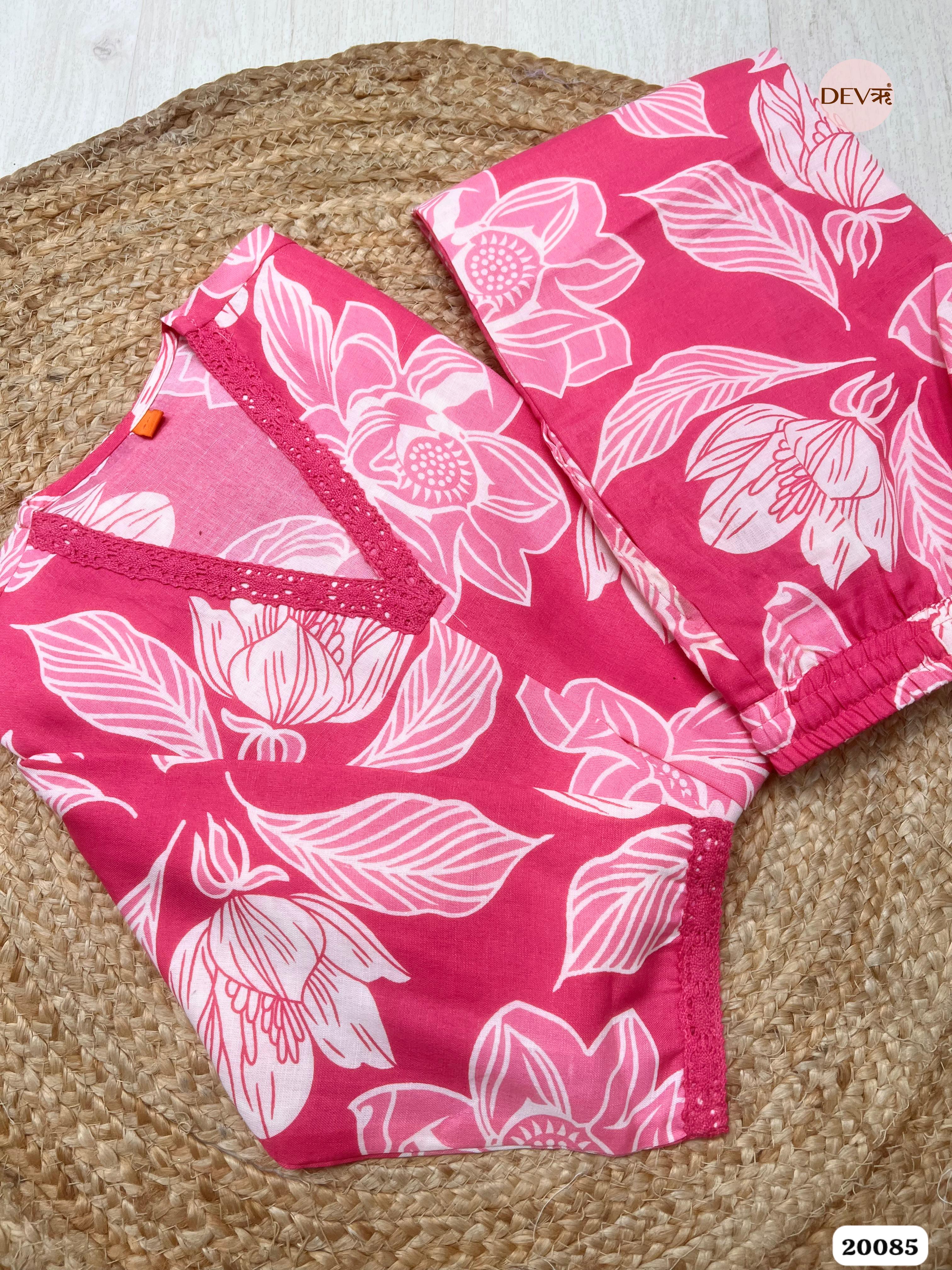 Zoya Cotton Printed Fuchsia pink White 2-Piece Set (Devri – D.No 20085)