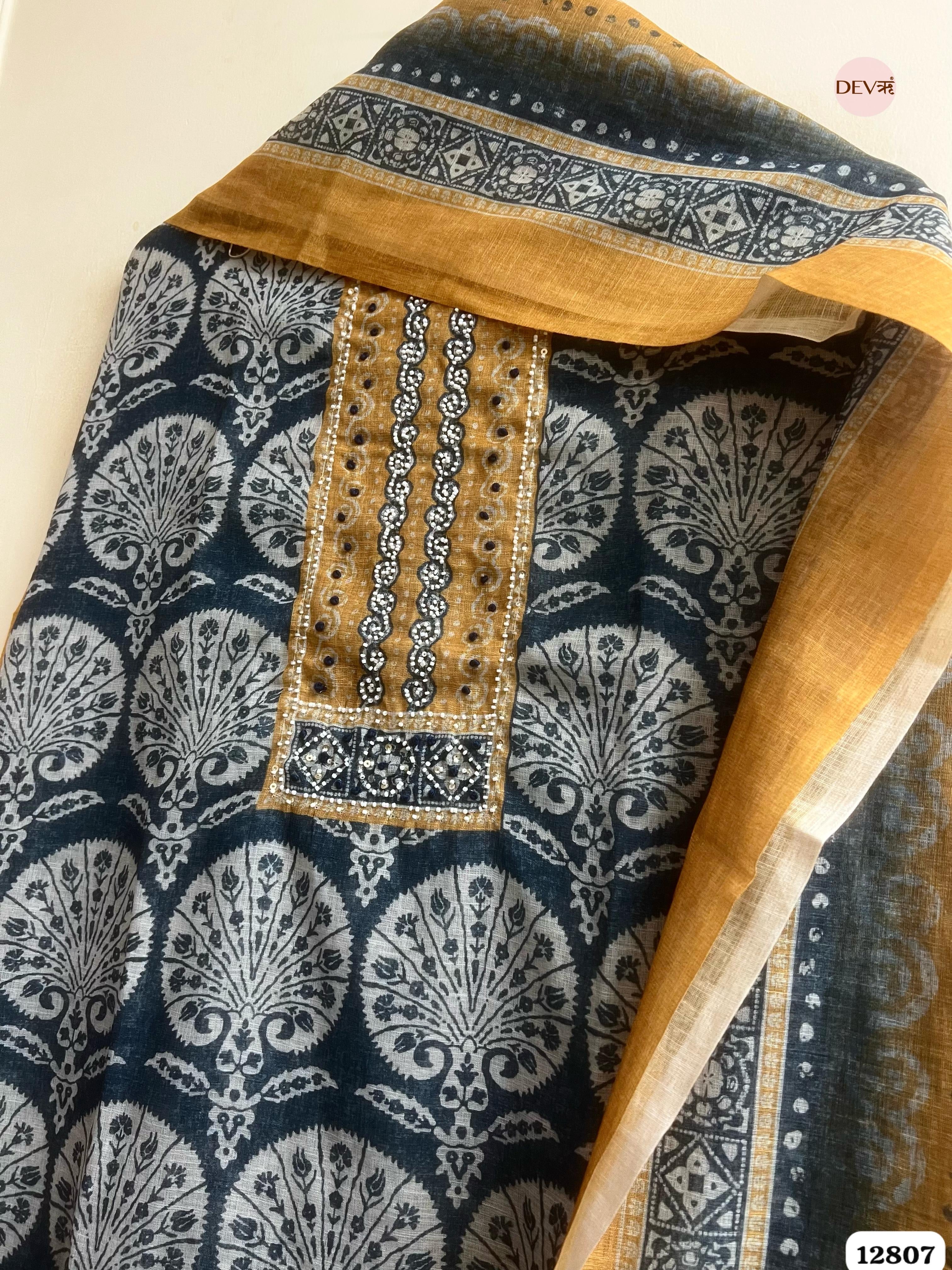 Grey Linen Cotton Printed Unstitched 3-Piece Suit (Devri – D.No 12807)