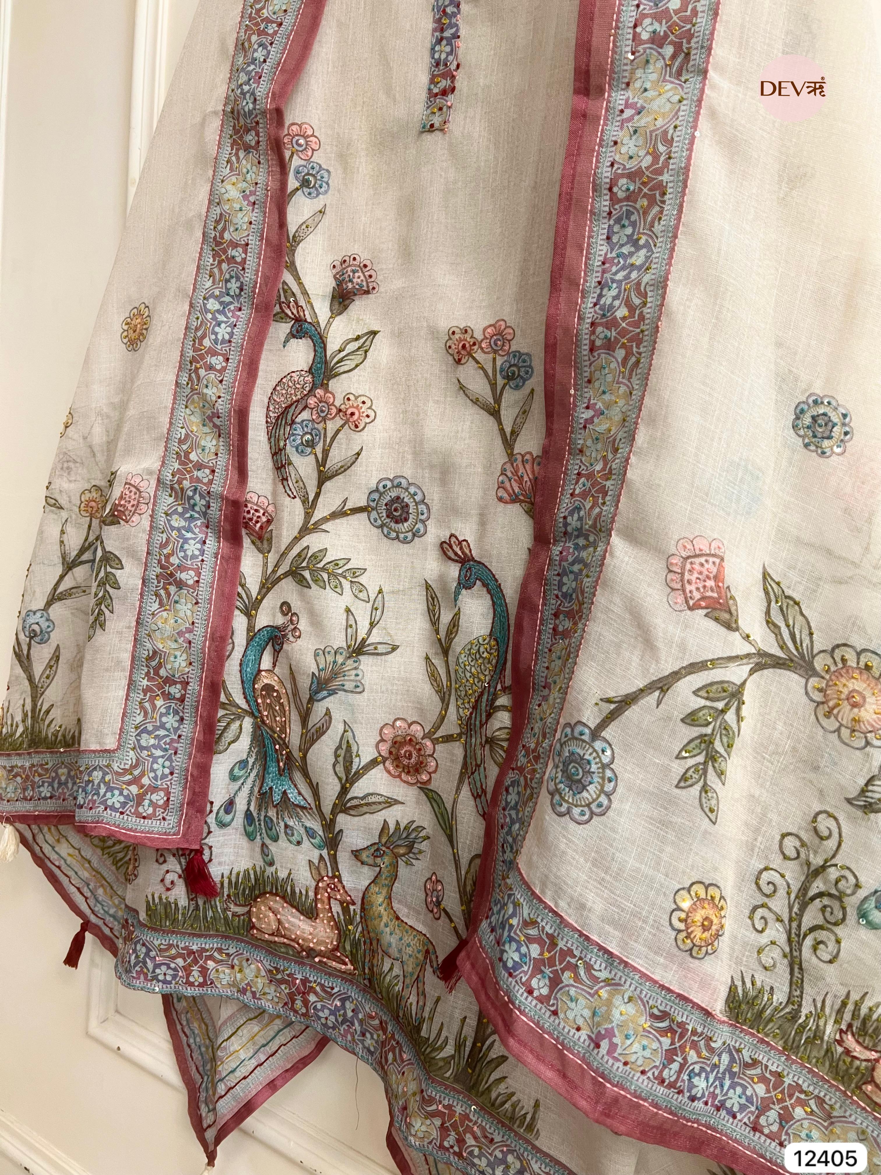 Beige Pure Linen Cotton Printed Unstitched 3-Piece Suit (Devri – D.No 12405).